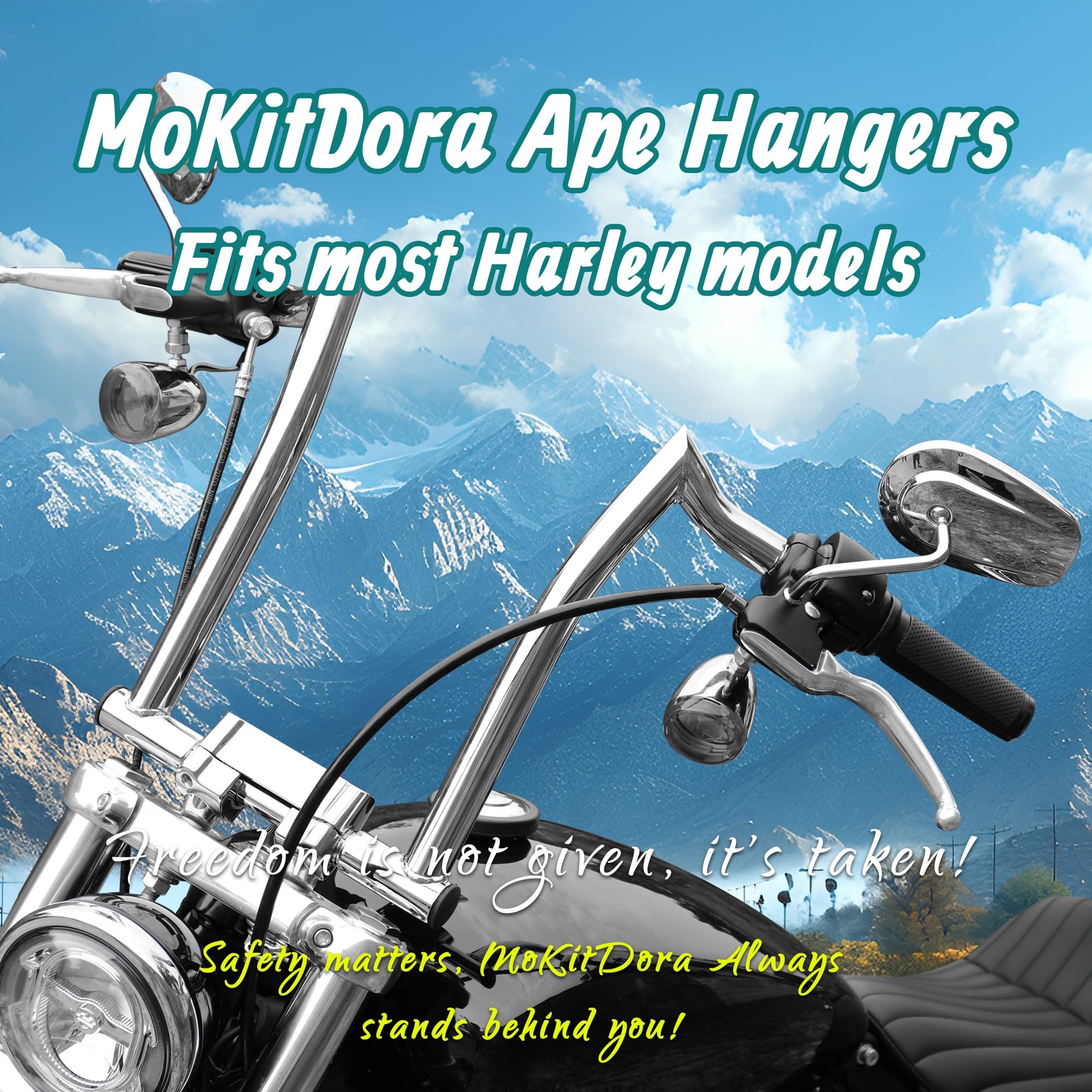 MoKitDora 14” Ape Hanger Handlebar for Harley Dyna Softail Sportster XL 883/1200, Road King & Road Glide - 1-1/4