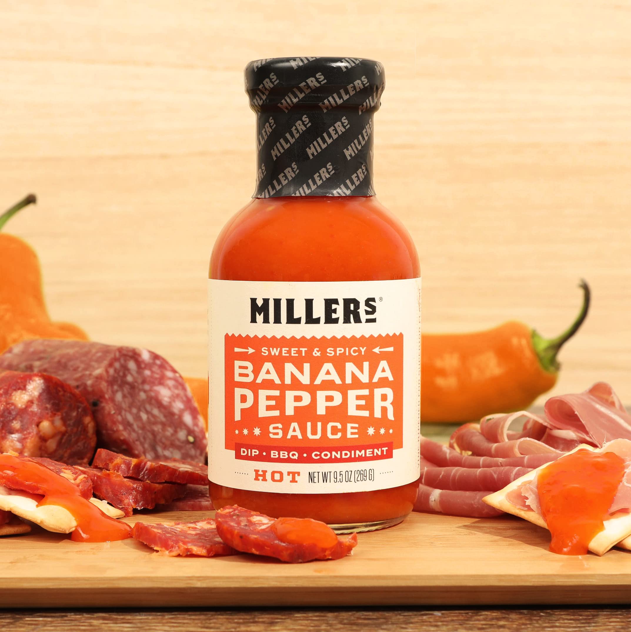 Miller's Banana Pepper Sauce Variety Pack - Hot, Mild & Habanero Hot Sauces (3-Pack, 9.5oz Each) | Non-GMO Verified | Perfect for Wings, Burgers, Sandwiches & Mexican Food | Spicy Condiment Gift Set for BBQ, Tailgating & Game Day Parties