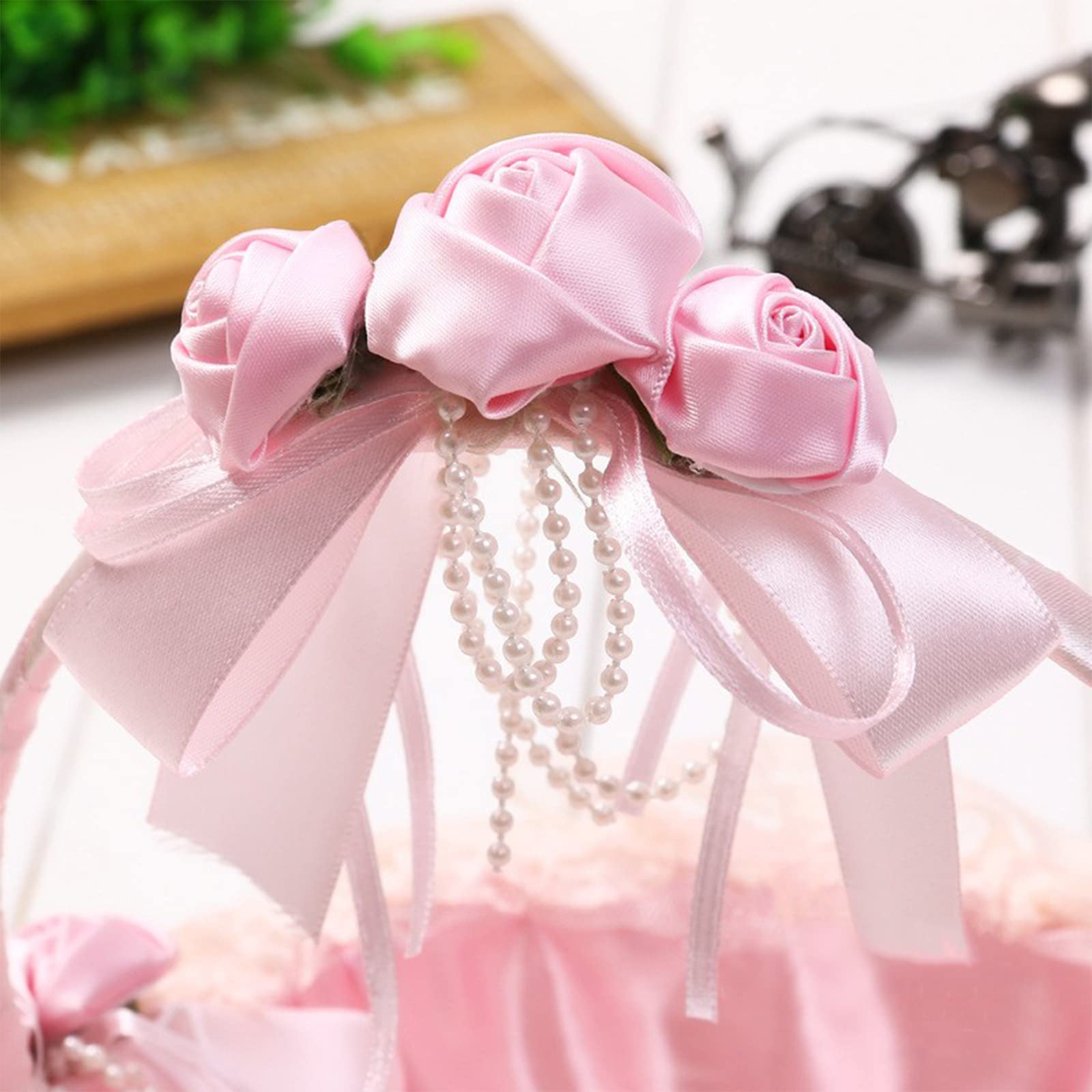 HLTER 2PCS Pink Romantic Wedding Flower Lace Ribbon Baskets with Fake Pearl Decor - Elegant Flower Girl Basket with Handle for Wedding Party Supplies (22x22x22cm) | Perfect for Bridal Showers, Wedding Aisle Decor & Flower Petal Storage