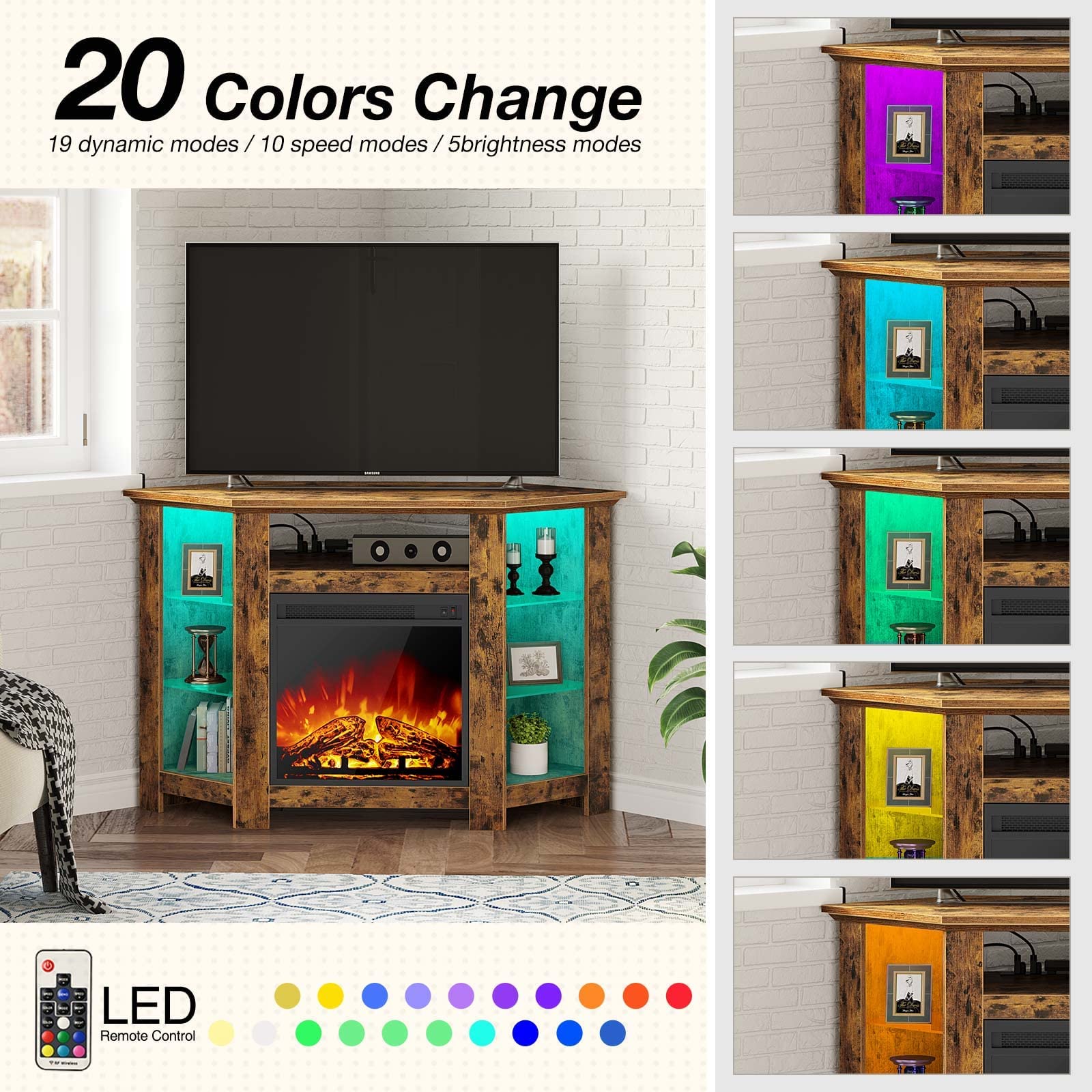 Rustic Brown Fireplace Corner TV Stand for 43