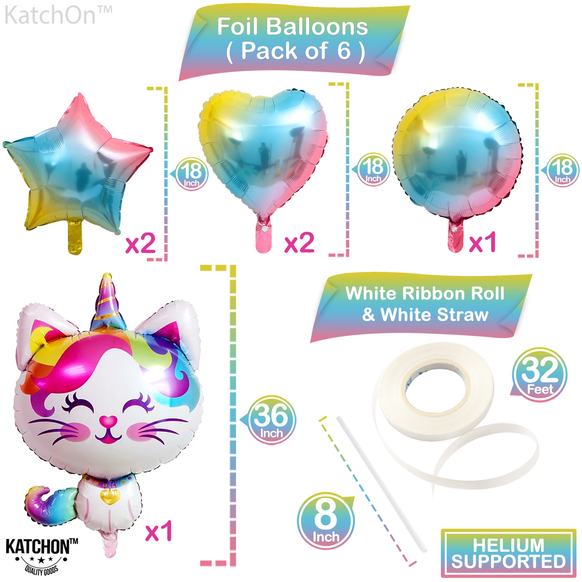 KatchOn Big Cute Caticorn Balloons - 36 Inch Pack of 6 | Kittycorn Party Decorations for Birthday, Baby Shower & Bridal Showers | Cat Unicorn Balloon Arch Supplies