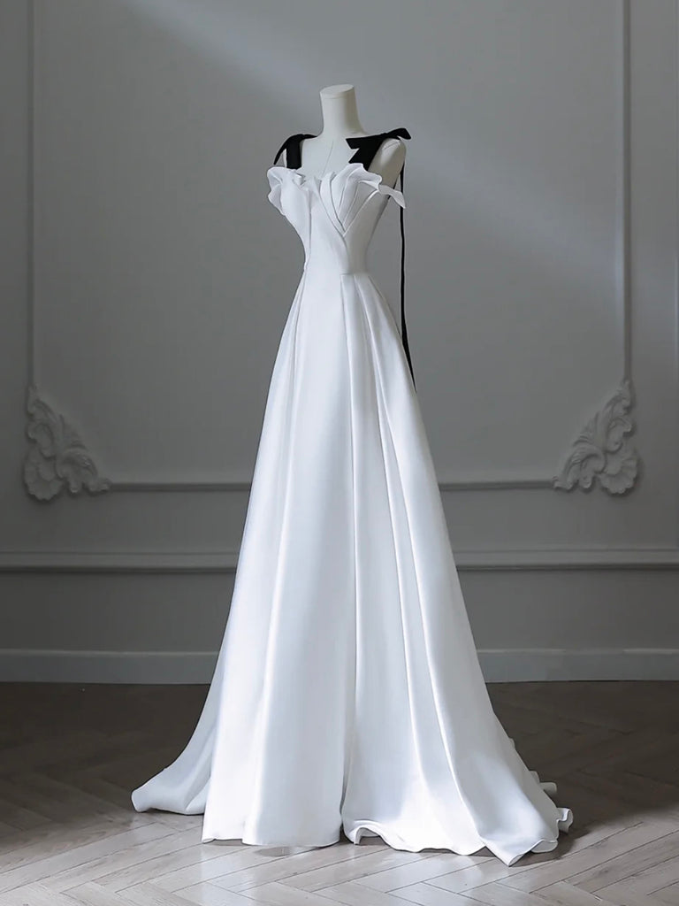 Elegant White Satin A-Line Long Prom Dress - Formal Evening Gown for Homecoming, Wedding Guest & Special Occasions