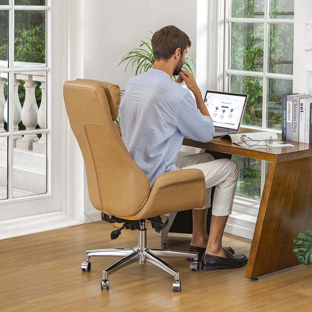 Premium Adjustable High-Back Executive Office Chair - Ergonomic PU Leather Swivel Desk Chair with Lumbar Support (Camel) - Perfect for Home Office, Gaming & Conference Rooms