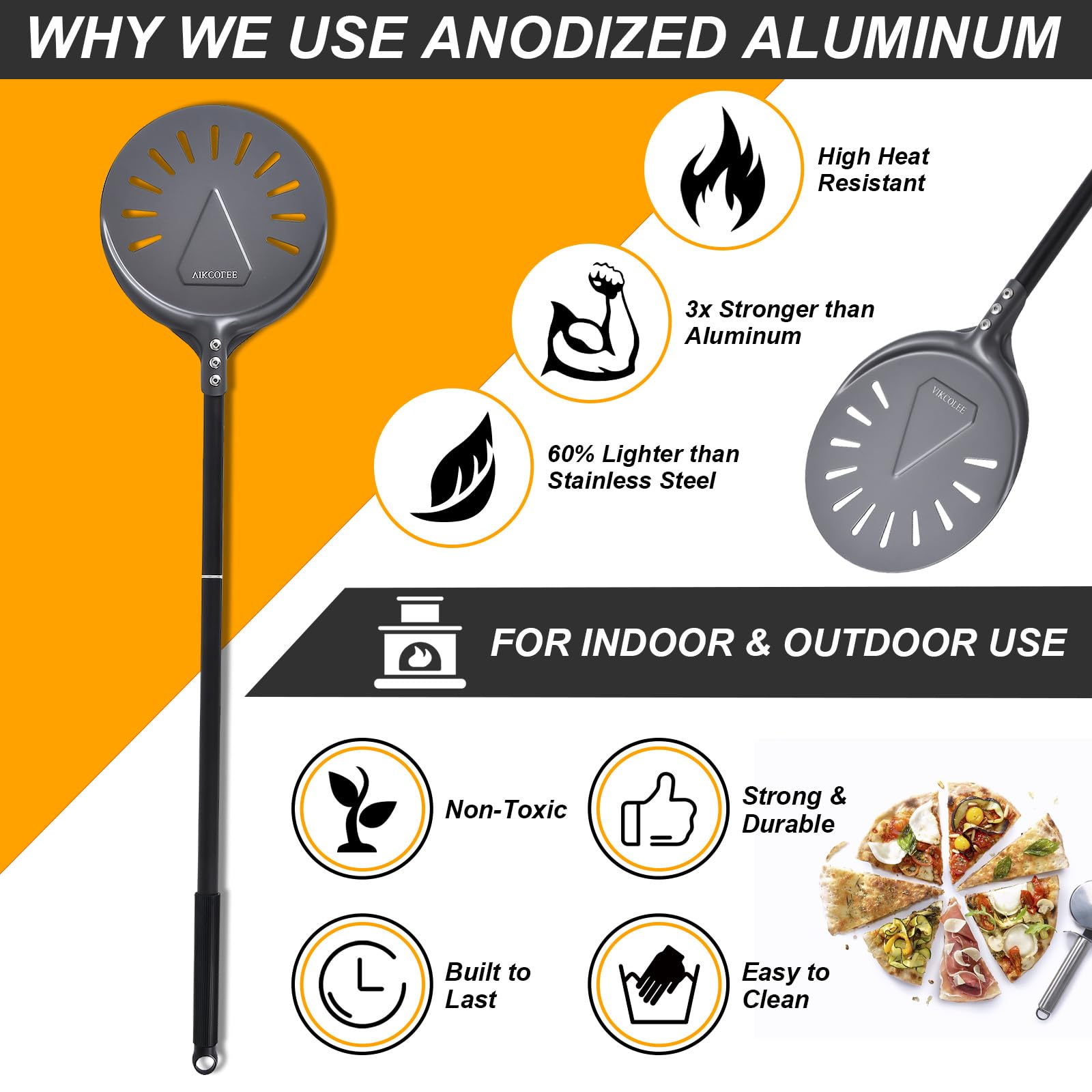 8 Inch Round Turning Pizza Peel with 25 Inch Handle - Professional Anodized Aluminum Pizza Spatula (33 Inch Overall) - Perfect for Home Kitchens, Pizzerias & Outdoor Pizza Ovens