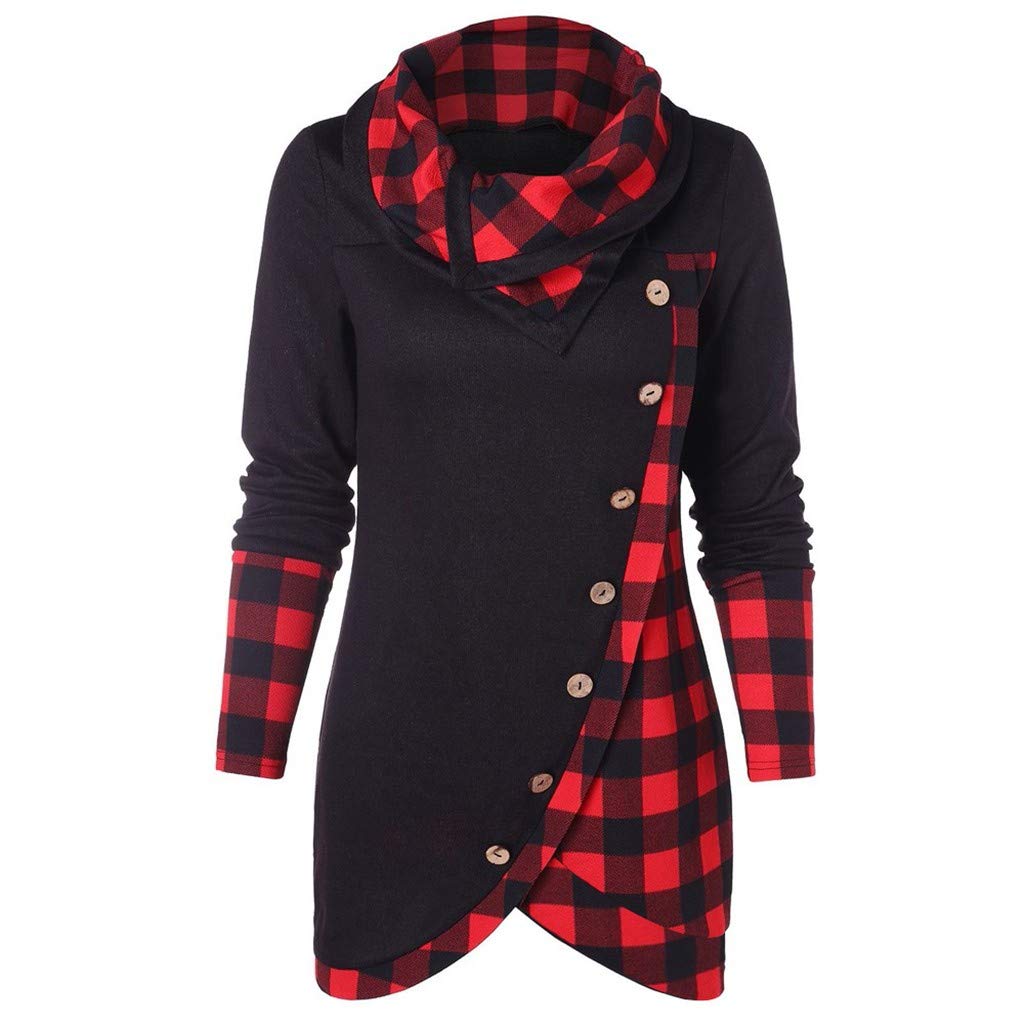 Trendy Fall Sweaters for Women - Vedolay Women's Turtleneck Plaid Patchwork Pullover Sweatshirt with Asymmetric Hem | Cozy Autumn Fashion for Work, Dating & Casual Outings