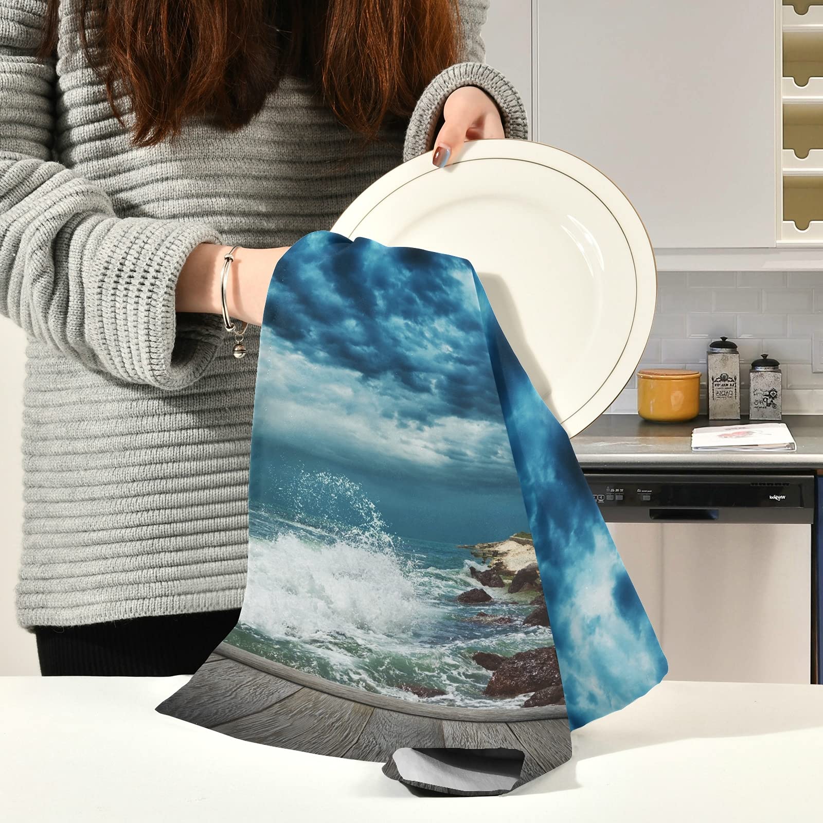 ALAZA Decorative Lighthouse & Wood Pier Kitchen Dish Towel - Soft, Absorbent 18x28 Inch Hand Towel for Cooking, Cleaning & Home Decor - Perfect for Farmhouse, Coastal & Rustic Kitchens