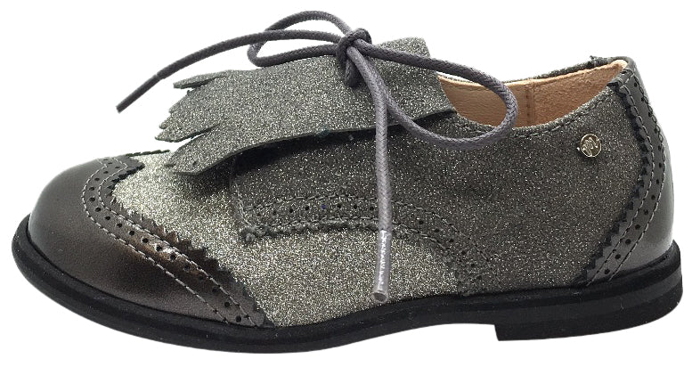Manuela de Juan Kids' Fringe Grey Tri-Color Leather Lace-Up Oxford Shoes for Boys & Girls - Stylish School Uniform, Party & Casual Wear
