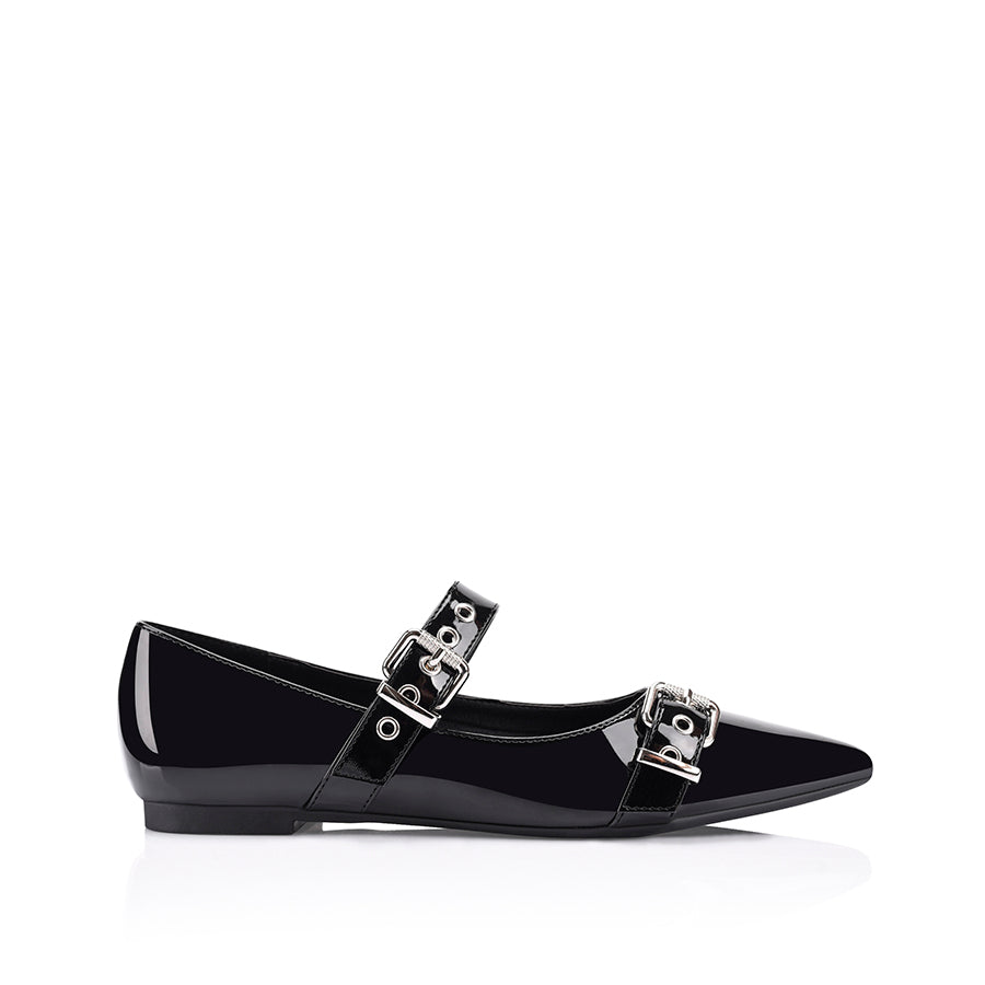 Ianna Buckle Flats - Black Patent Leather Women's Shoes for Work, Office & Casual Wear | Comfortable & Stylish Slip-On Flats