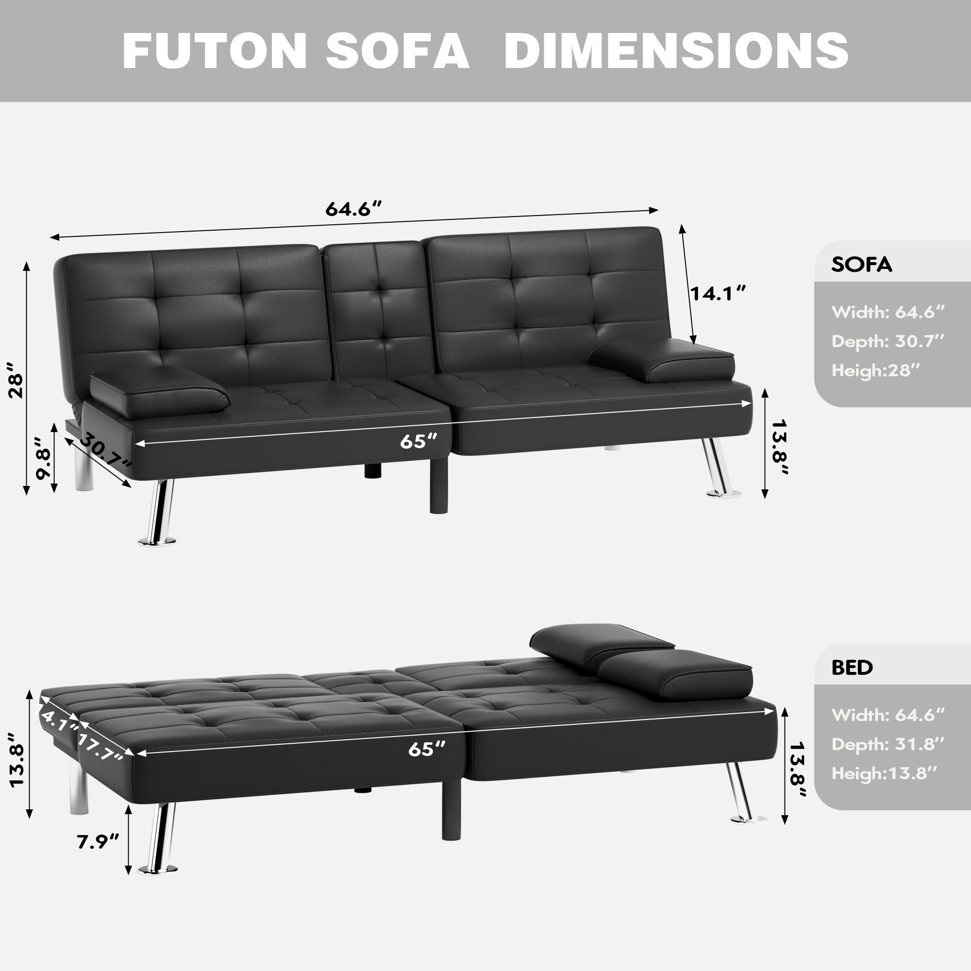 JUMMICO Adjustable PU Leather Futon Sofa Bed with Removable Armrests & 2 Cup Holders - Convertible Sleeper Couch for Small Spaces, Living Room, Dorm, Apartment (Black) - Perfect for Guest Beds, Movie Nights & Compact Living