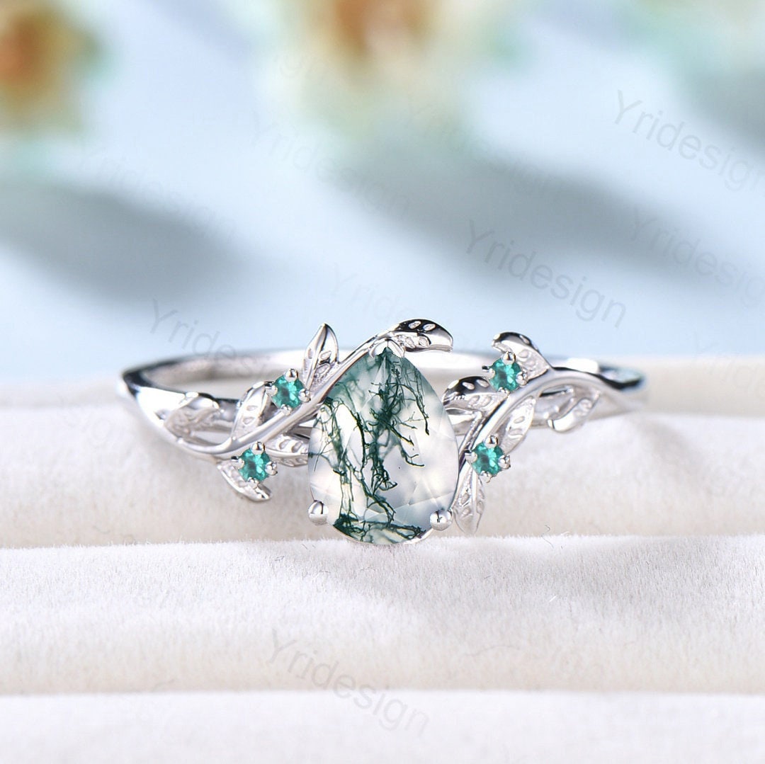 Vintage Leaf Moss Agate Engagement Ring - Pear Shaped Green Gemstone Cluster Wedding Ring for Women, 14K Gold Plated, Nature Inspired Jewelry | Perfect for Boho Wedding, Anniversary Gift & Everyday Wear