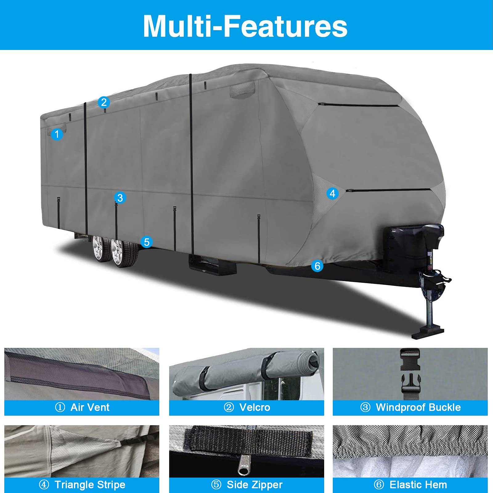 Heavy Duty 420D Ripstop Waterproof RV Cover for 26'-29' Travel Trailers - Oxford Cloth Material with Storage Bag & Windproof Buckles - Perfect for Outdoor Storage, Winter Protection, and Long-Term Vehicle Shelter