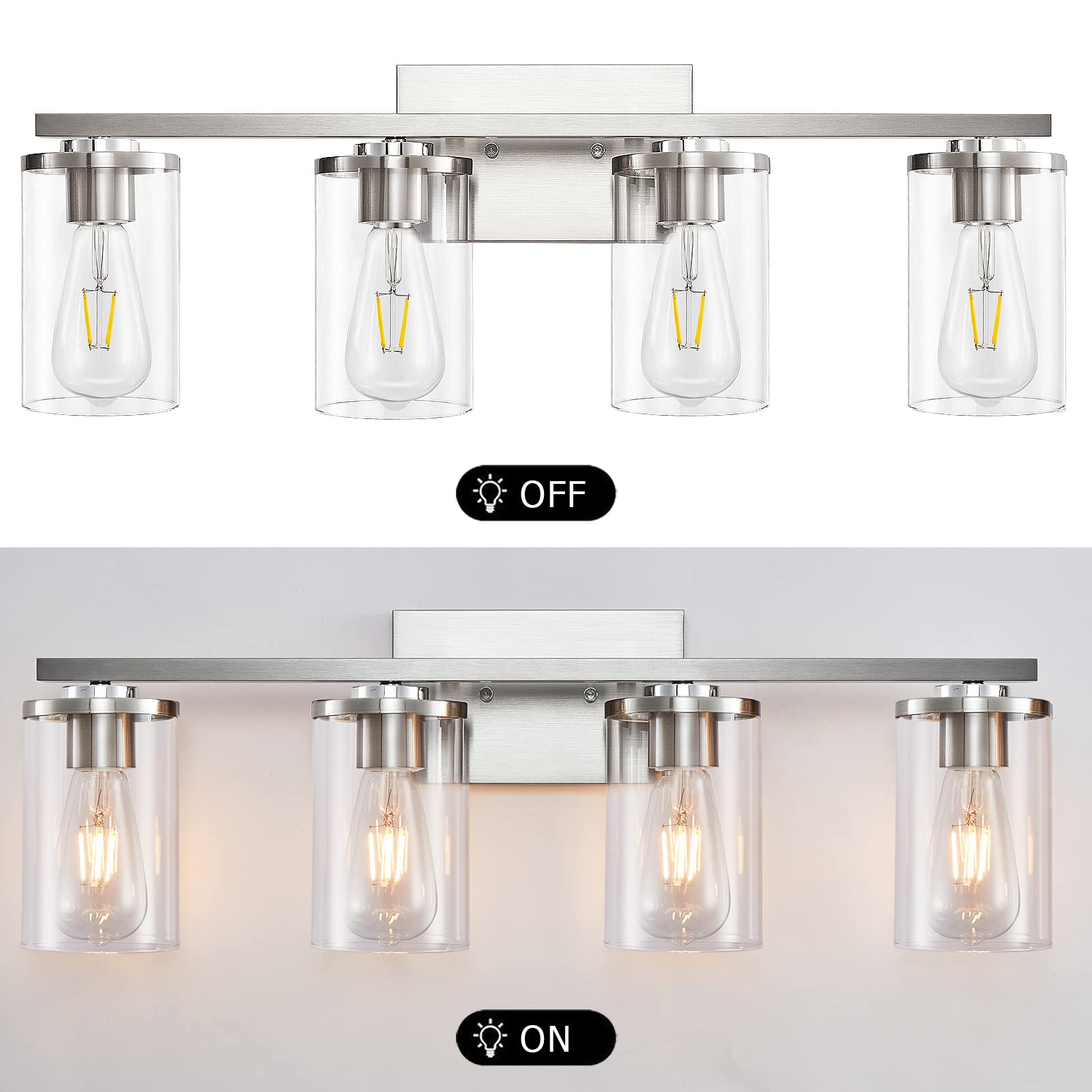 Modern Brushed Nickel 4-Light Bathroom Vanity Light Fixture with Clear Glass Shade - Perfect for Mirror Lighting in Contemporary Bathrooms & Powder Rooms