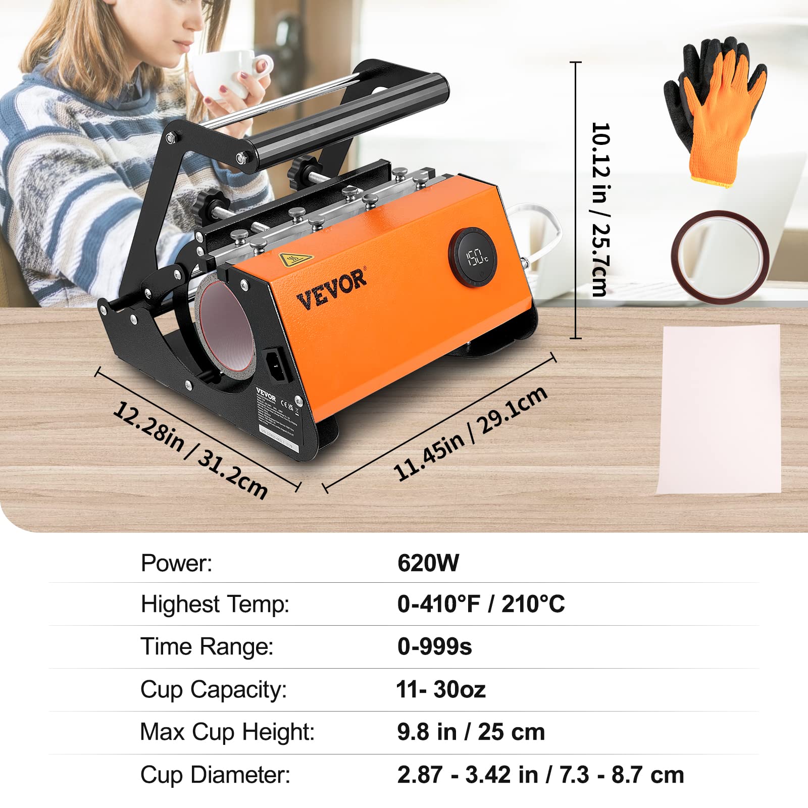 VEVOR Tumbler Heat Press Machine for 20oz-30oz Straight & 11-16oz Skinny Tumblers - Mug Press with Sublimation Paper, Heat Tape & Gloves (Orange) - Perfect for DIY Custom Tumblers, Coffee Mugs & Sublimation Crafts