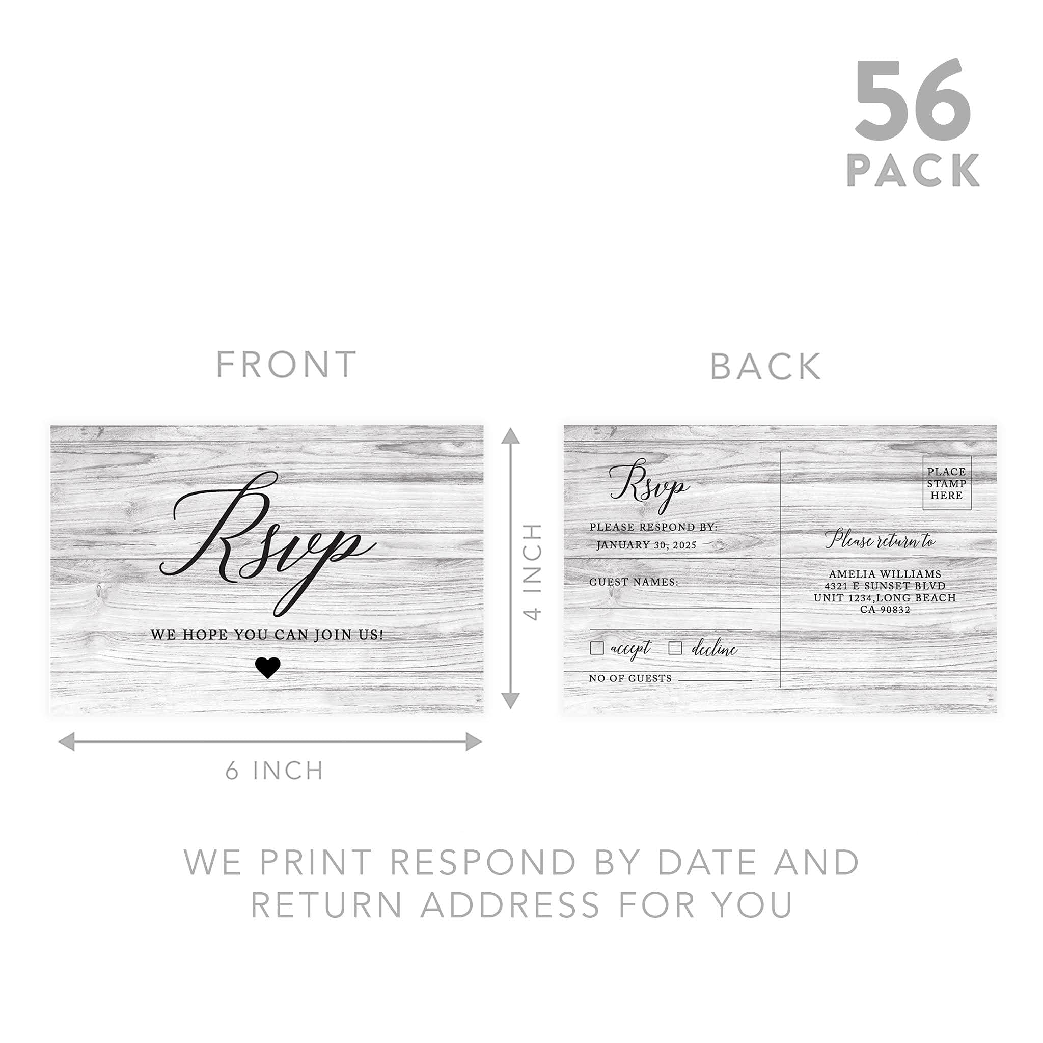 Personalized RSVP Postcards for Wedding - 56-Pack Gray Rustic Wood Cardstock Response Cards - Custom Date & Return Address - 4 x 6 Inch - Perfect for Bridal Showers, Baby Showers & Birthday Events