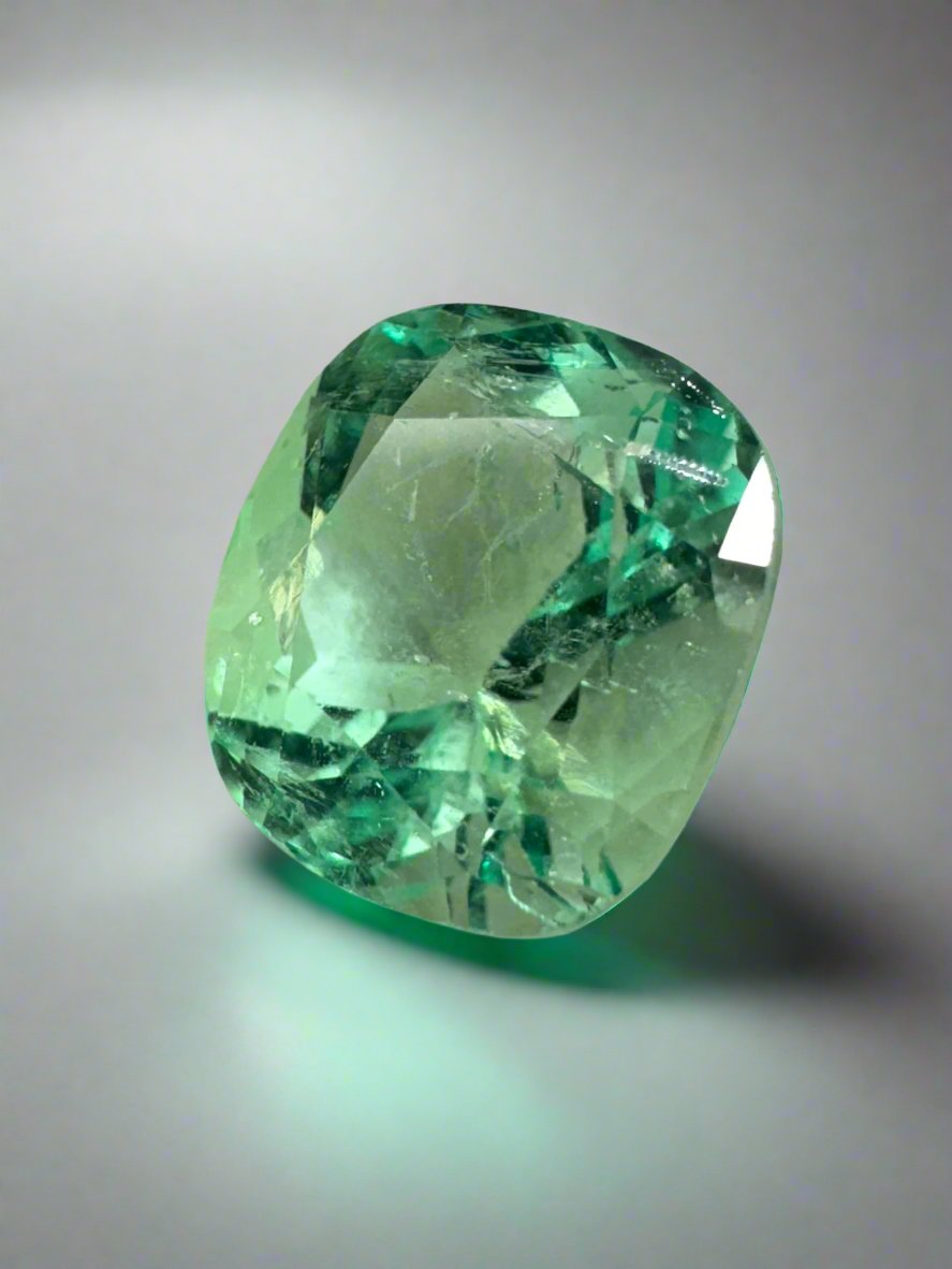 4.13 Carat 10x9mm Pastel Yellowish Green Natural Loose Colombian Emerald Cushion Cut Gemstone for Jewelry Making, Engagement Rings & Collector's Items