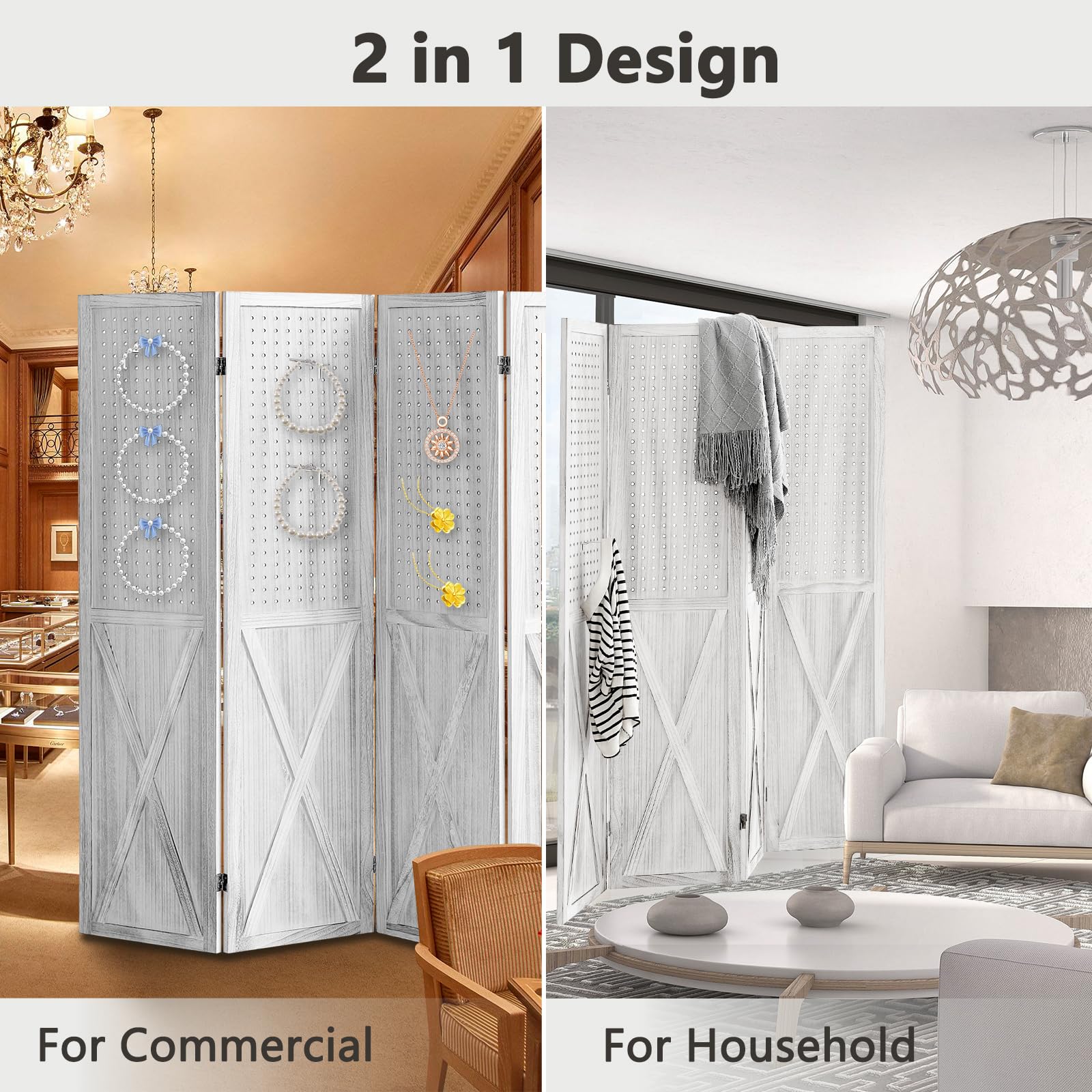 4 Panel Wooden Room Divider Screen - 5.6Ft Folding Privacy Partition with Pegboard Display | Freestanding Trade Show Booth, Craft Fair Display & Home Wall Organizer | Perfect for Room Separation, Retail Displays & Home Decor (Retro White)