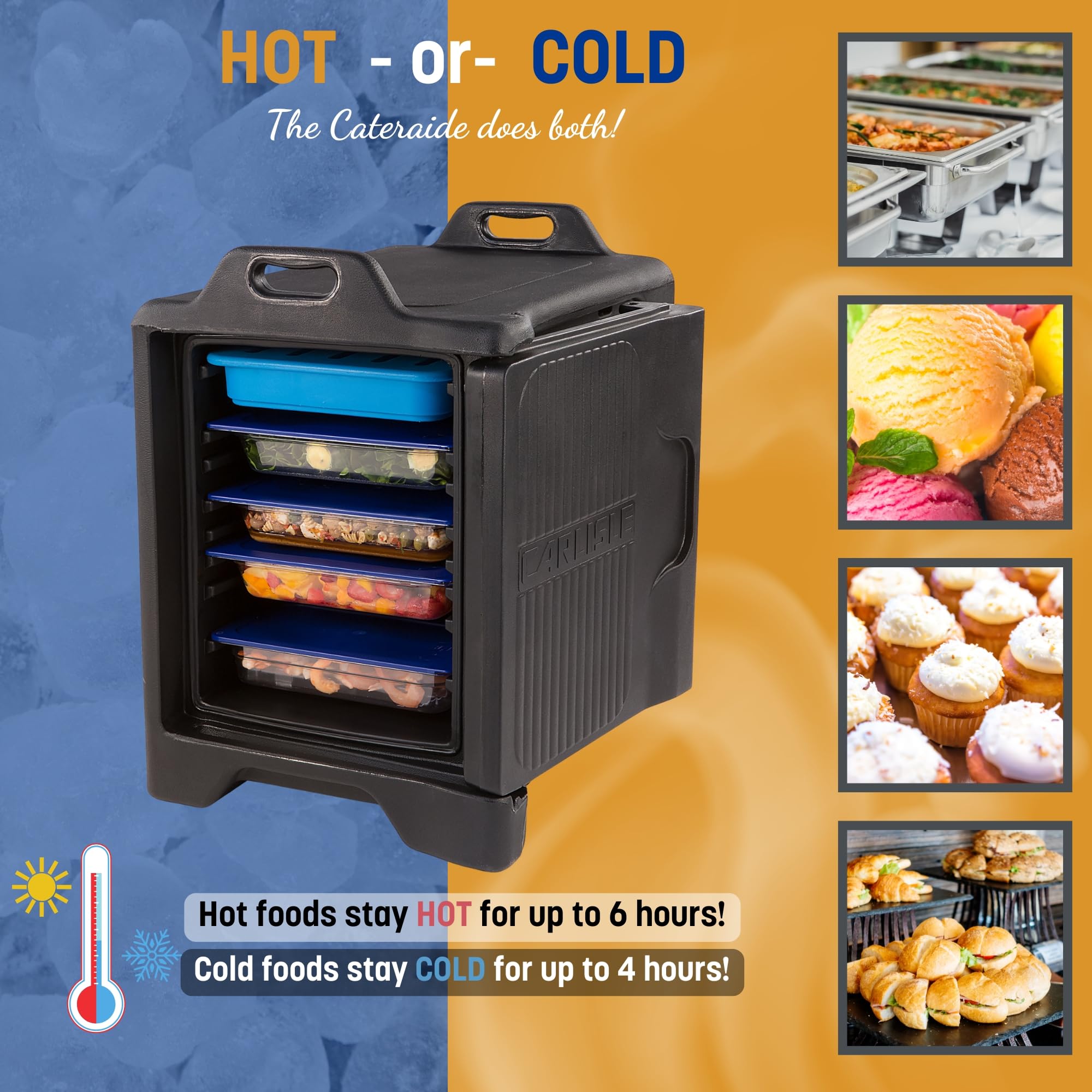 Carlisle FoodService 5-Pan Insulated Food Carrier - Slide 'N Seal End Loader with Handles for Catering, Restaurants & Commercial Kitchens | Durable Black Plastic Food Pan Transport | Perfect for Buffets, Catering Events & Food Storage