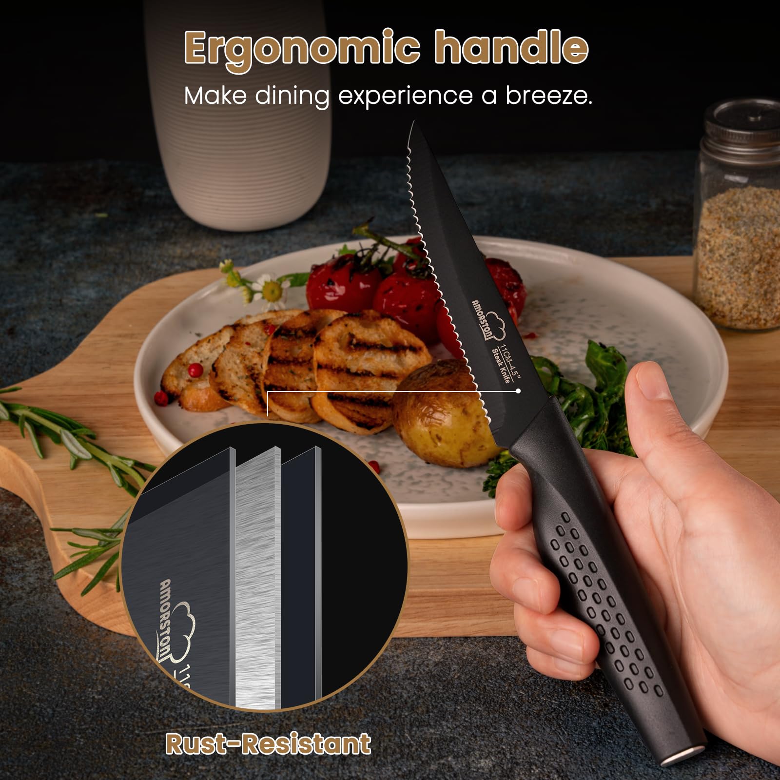 Premium 8-Piece Stainless Steel Steak Knife Set - Serrated Blades, Dishwasher Safe, Elegant Black Handle - Perfect for Steak Dinners, BBQs & Fine Dining at Home