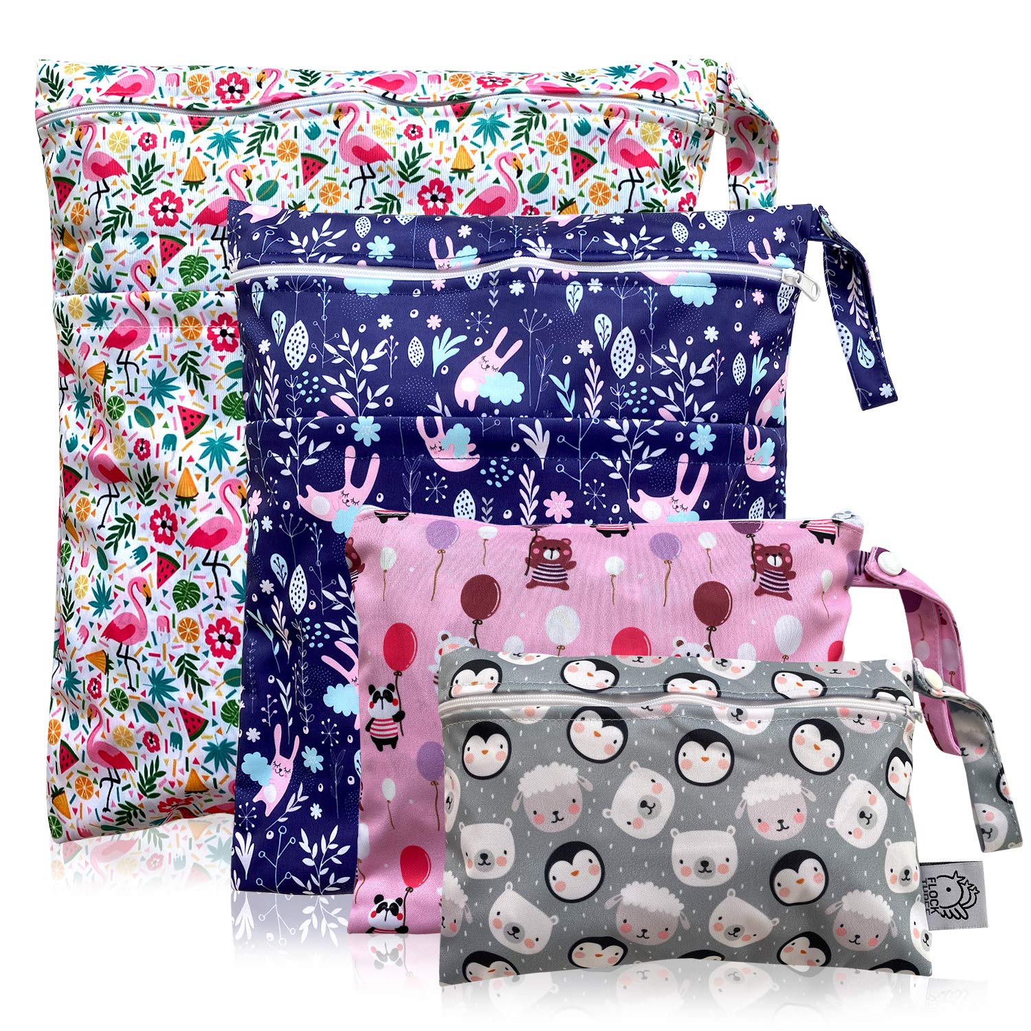 FLOCK THREE 4-Pack Waterproof Wet Bags - Reusable for Wet Clothes, Baby Diapers, Swimsuits & Travel Toiletries - Perfect for Strollers, Beach Trips & Electronics Storage (Windy Days Design) - Ideal for Moms, Travelers & Gym Enthusiasts