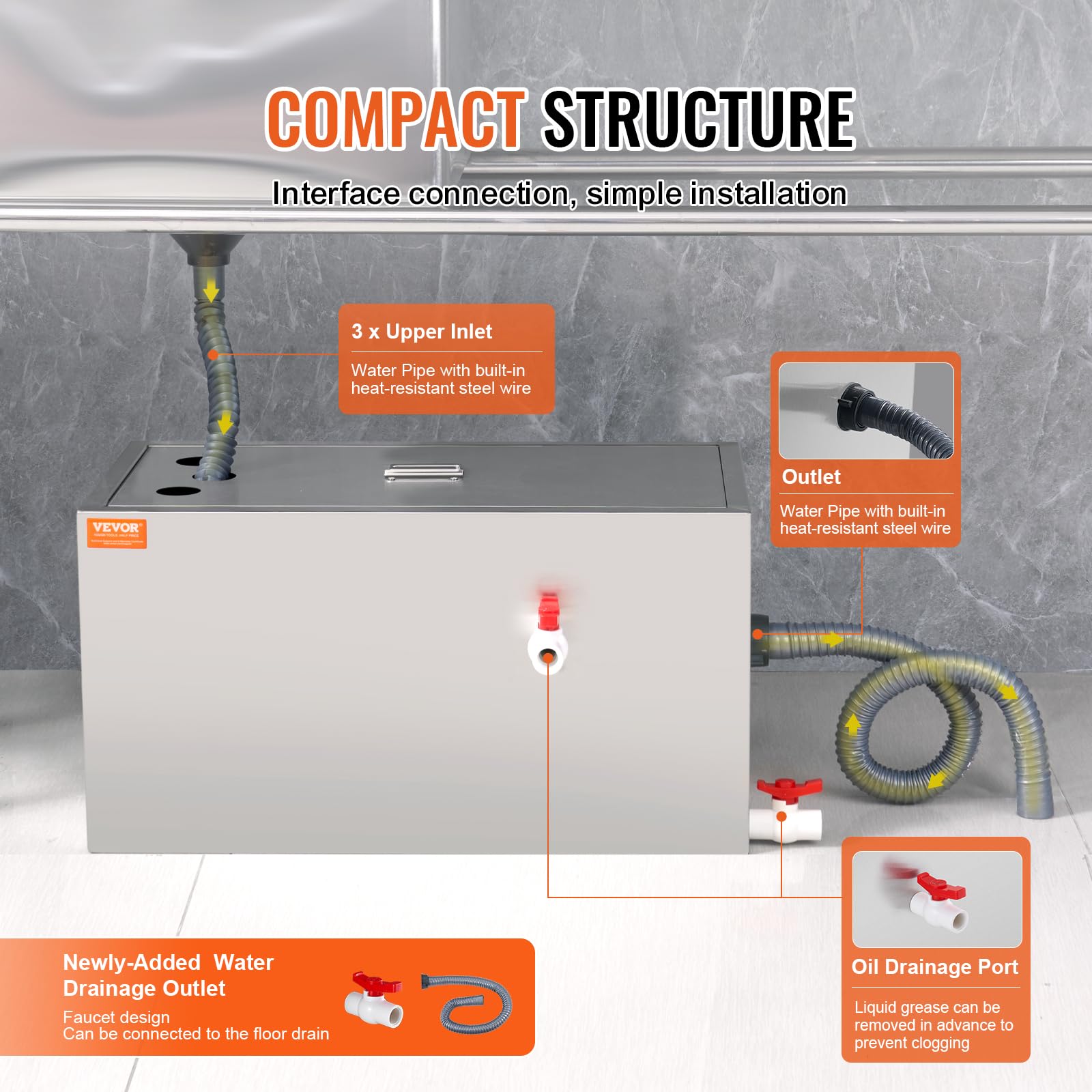 VEVOR 25 LBS Commercial Grease Trap - Stainless Steel Under Sink Grease Interceptor with Top Inlet, 6.4 GPM Wastewater Oil-Water Separator for Restaurant, Canteen & Home Kitchen - Perfect for High-Volume Cooking Areas and Food Service Establishments