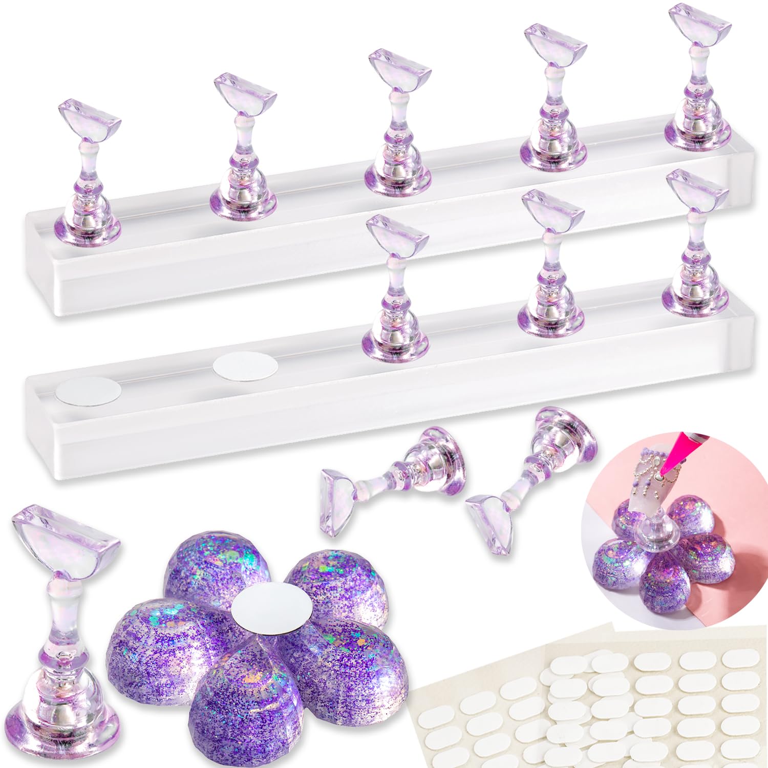 2 Pack Acrylic Nail Stand for Press On Nails - Fake Nail Holder for Painting & Nail Art Design - Upgrade Solid Nail Display Stand with Magnet & Glue Tips - Perfect for Nail Practice, Salon Display & DIY Manicure at Home