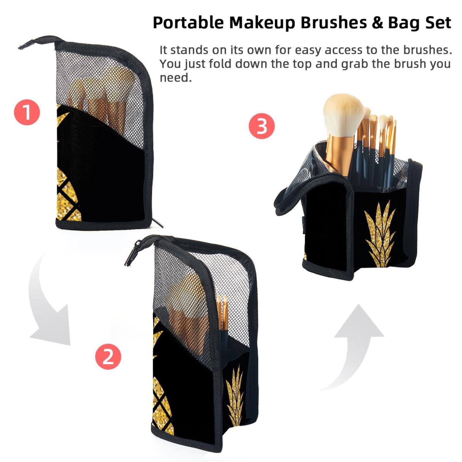12-Piece Makeup Brush Organizer Bag with Portable Holder Case - Summer Gold Pineapple Design for Travel & Home Storage | Perfect Cosmetic Brush Set for Makeup Artists & Beauty Enthusiasts