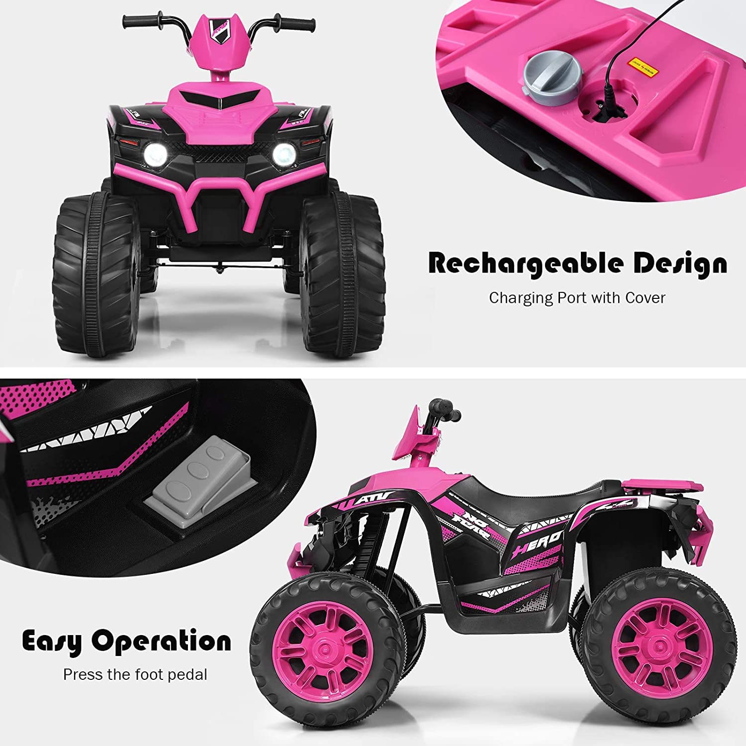 OLAKIDS 12V Kids Electric ATV Quad Bike - 4 Wheeler Ride On Toy Car for Boys & Girls Ages 3-8 | Battery Powered Motorized Vehicle with LED Lights, Music, Horn & Dual Speed Control | Outdoor Play, Birthday Gift, Backyard Fun (Pink)