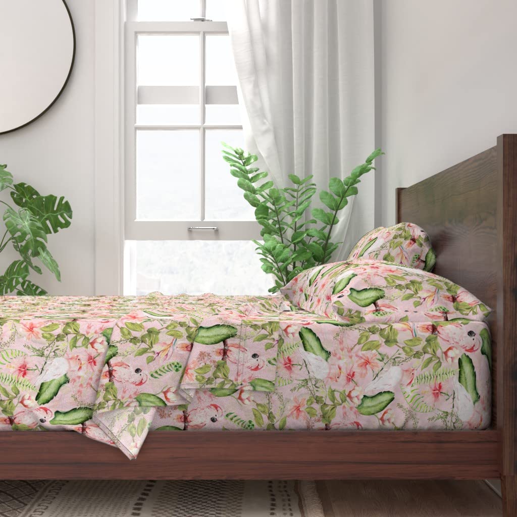 100% Cotton Twin Sheet Set 3-Piece - Pink Cockatoo Tropical Floral Jungle Print | Soft Breathable Bedding for Summer | Perfect for Guest Rooms, Beach Houses & Boho Decor