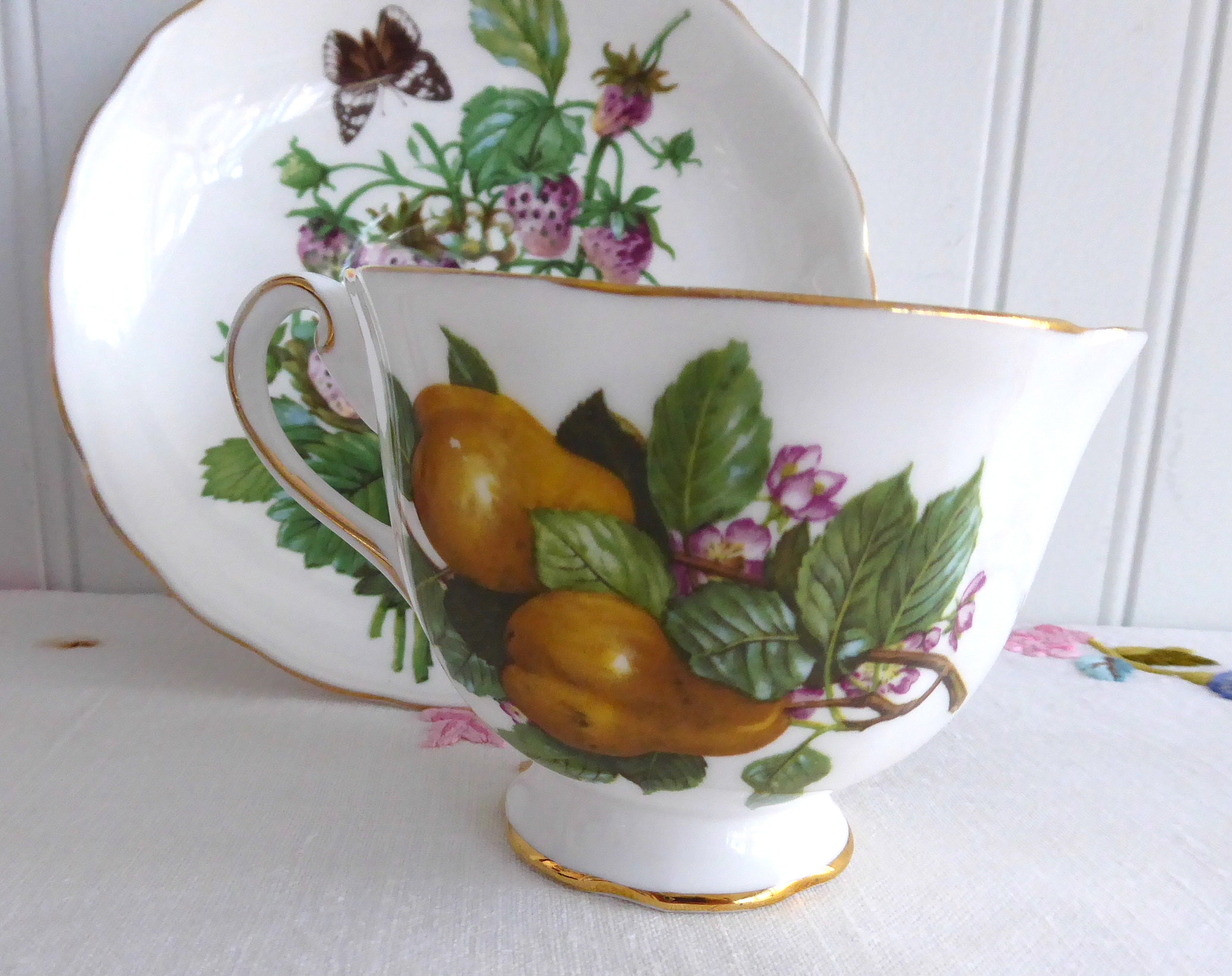 Vintage Royal Chelsea Fruit Cup and Saucer Set - England 1960s Floral Design with Pears, Strawberries & Butterflies - Perfect for Afternoon Tea, Collectible Fine China Display
