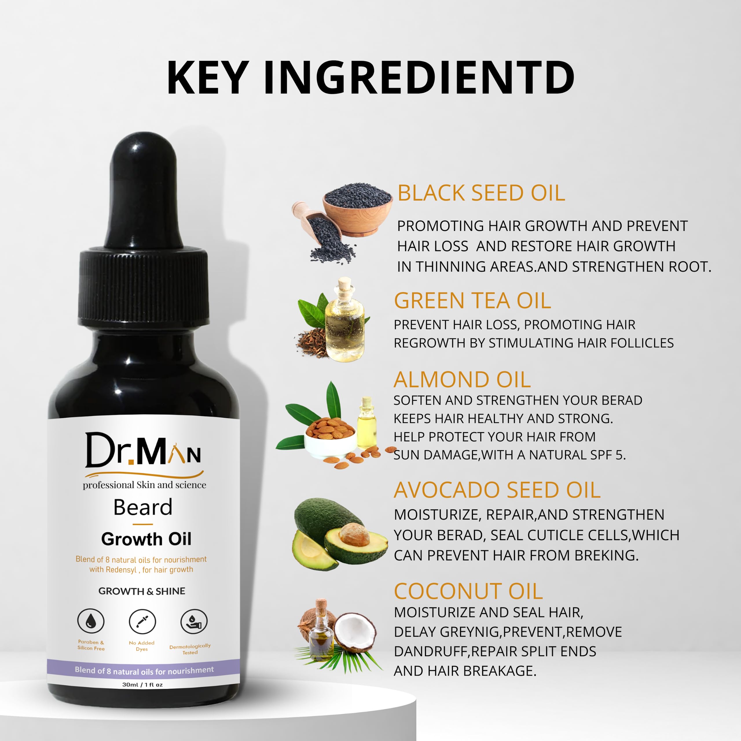 Dr.Man Professional Beard Growth & Shine Oil - 30ml Natural Beard Care for Men - Promotes Thicker, Healthier Facial Hair - Perfect for Daily Grooming & Styling Routine