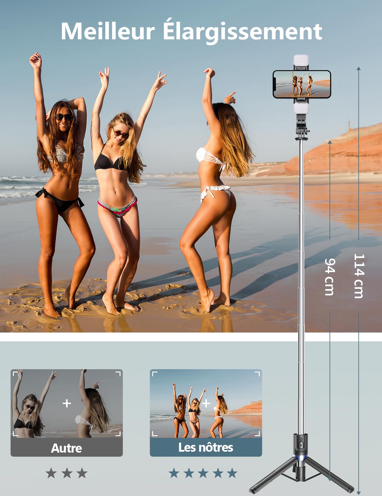iPhone Selfie Stick with 2 LED Lights - 114cm Extendable Phone Tripod with Wireless Remote | Compatible with Smartphones & Action Cameras | Perfect for Travel, Vlogging & Group Photos