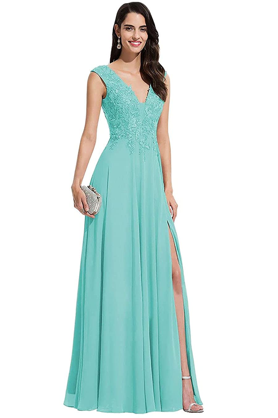 Elegant V-Neck Chiffon Bridesmaid Dresses with Lace Appliques - A-Line Long Formal Gowns with Slit for Weddings, Parties & Special Occasions