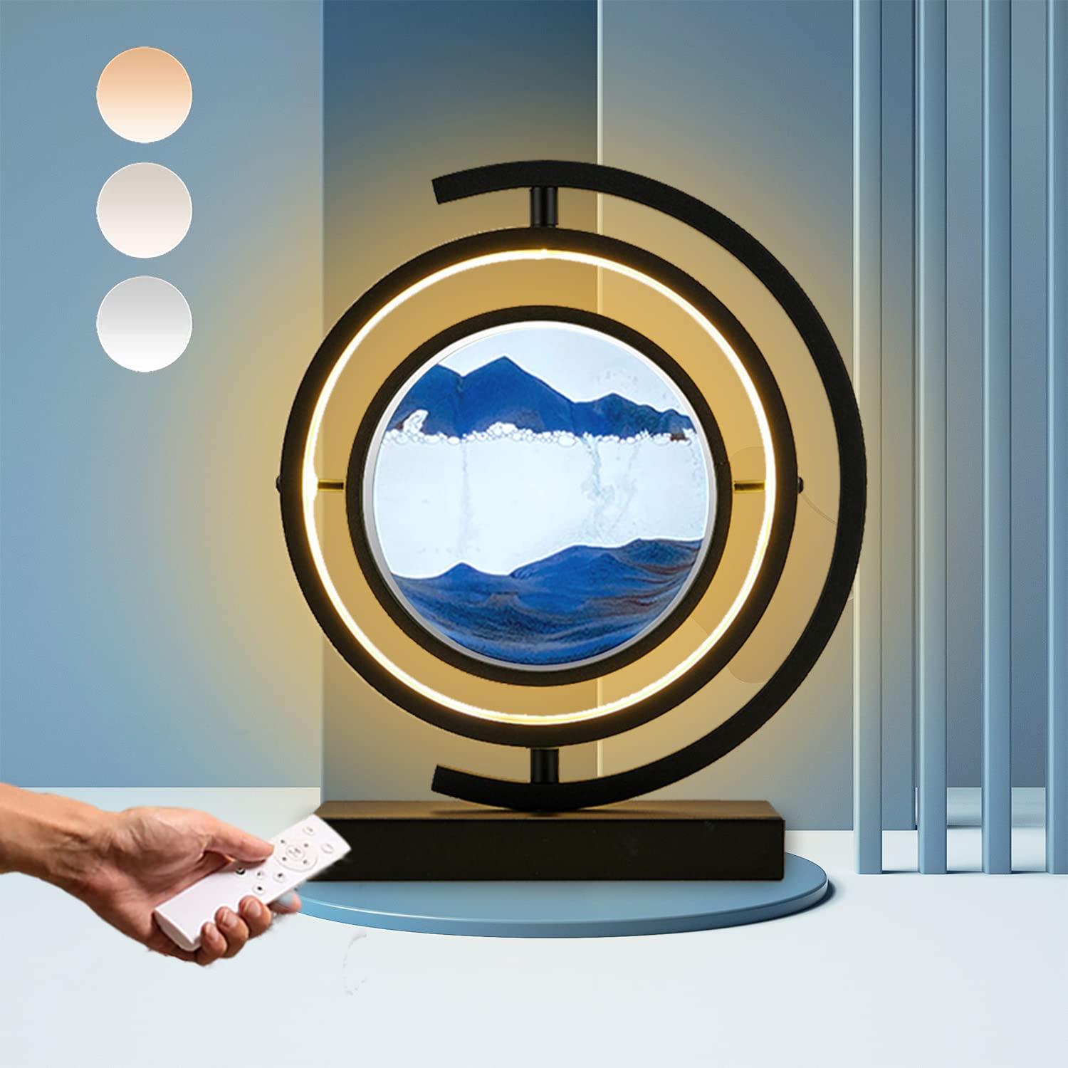 Moving Sand Art Lamp - Dimmable Nightstand Lamp with Remote Control, 3 Brightness Levels, 360° Rotatable, 3500-6500K LED Beads | Sands of Time Decorative Light for Bedroom, Living Room & Office | Perfect for Relaxation, Meditation & Ambient Lighting