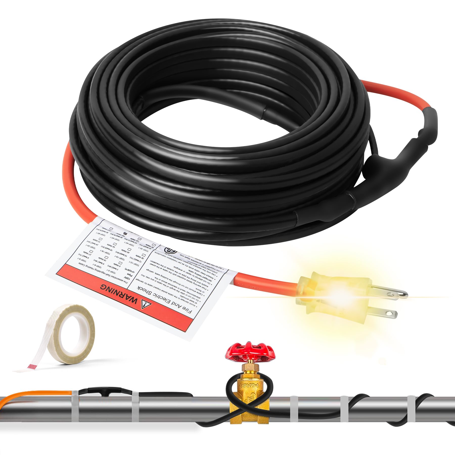 Self-Regulating Heating Cable for Pipe Freeze Protection - 24Ft, 120V Energy-Saving Heat Tape for Metal & Plastic Water Pipes - Keep Water Flowing in Cold Weather - Ideal for Home, RV, and Outdoor Pipe Protection