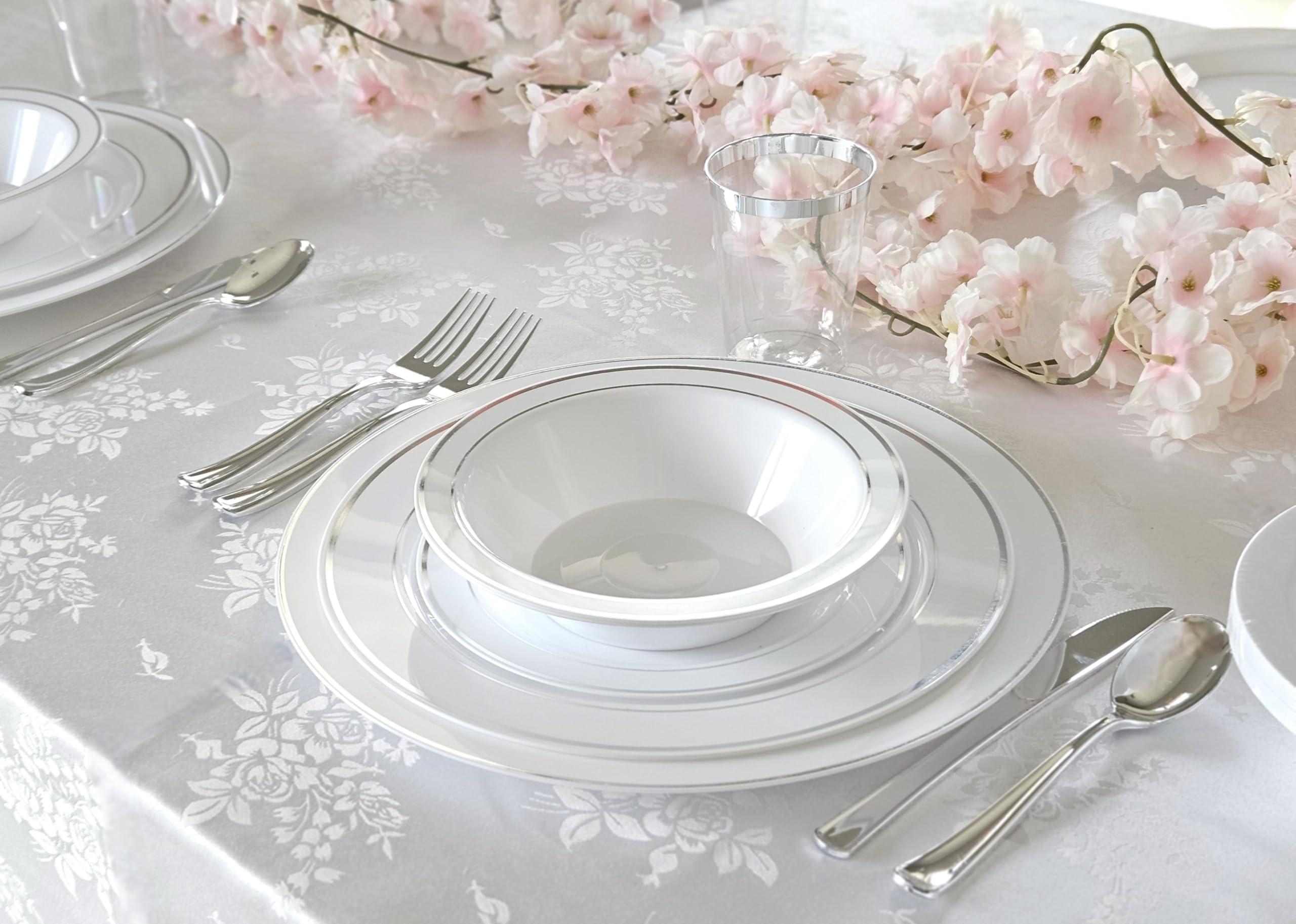 240 Pack Heavyweight Disposable Plastic Bowls - 14 oz White & Silver Rim Wedding Party Soup Bowls | Perfect for Catering, Picnics, BBQs & Large Events