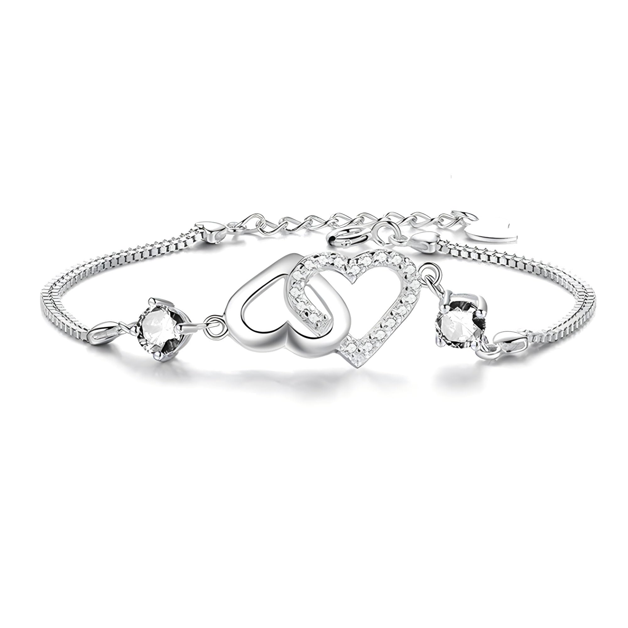 Mcaeou Sterling Silver S925 Love Heart Bracelet for Women & Teen Girls - Adjustable Heart Shaped Crystal Slider Bracelet with Zircon - Perfect Gift for Valentine's Day, Anniversary, Birthday & Everyday Wear
