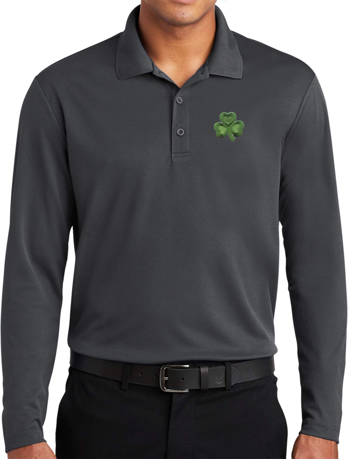 St. Patrick's Day Shamrock Print Long Sleeve Polo Shirt for Men - Green Pocket Design Casual Wear for Parties & Irish Celebrations