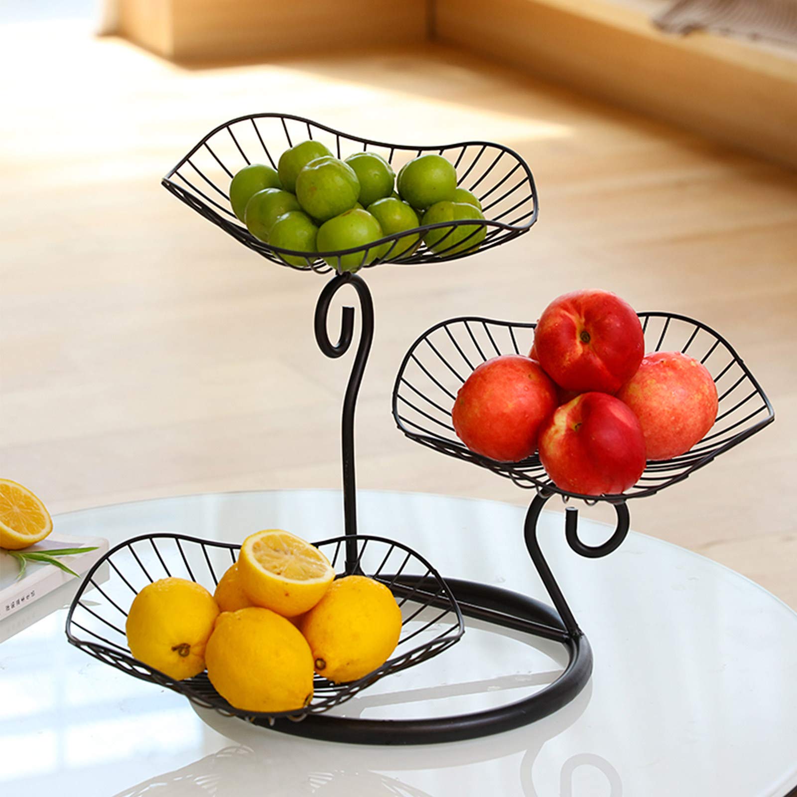 3-Tier Black Fruit Bowl for Table Centerpiece - Detachable Large Kitchen Storage Basket for Fruits, Vegetables, Bread & Snacks - Perfect for Dining Room Decor and Party Serving