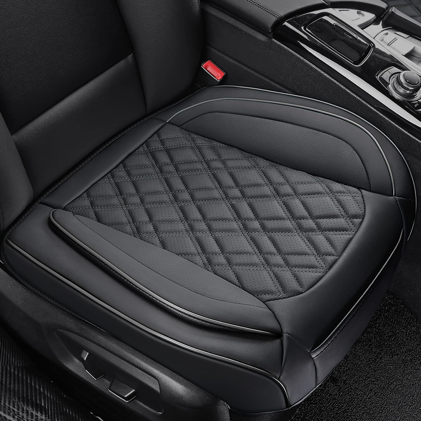 Premium PU Leather Car Seat Covers - Universal 2-Piece Front Bottom Seat Protectors with Anti-Slip Design & Storage Pockets | Fits 95% Vehicles | Perfect for Daily Commuting, Road Trips & Car Interior Protection (Black Grid)