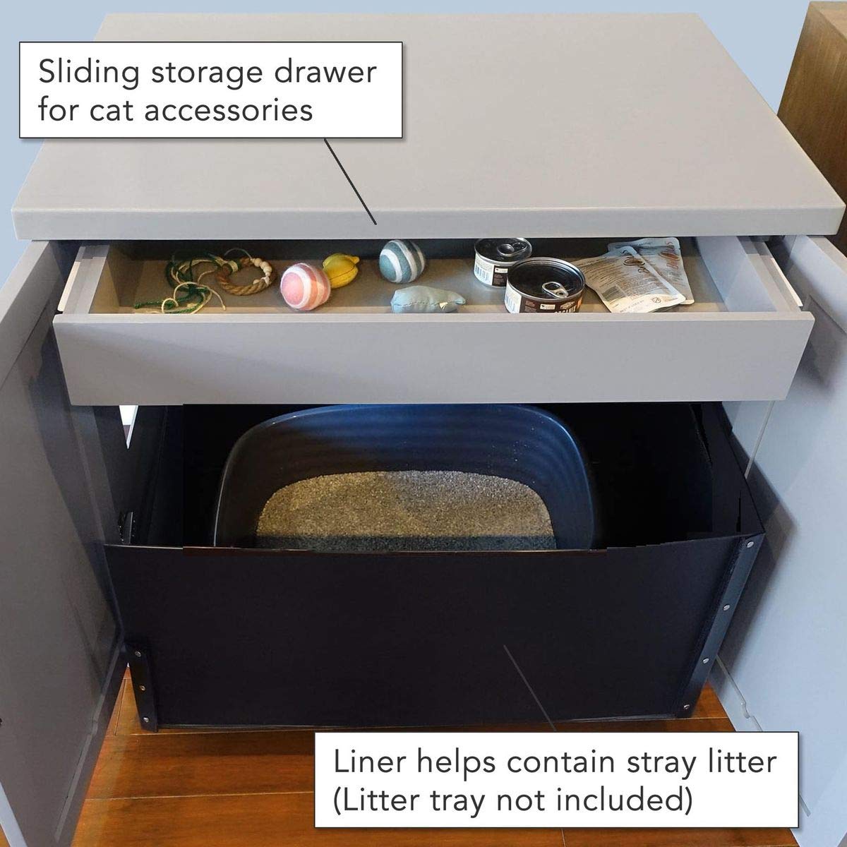 Premium Cat Litter Box Enclosure Cabinet - Farmhouse Style Smoke Gray Hidden Litter Box Furniture with Drawer & Round Feet for Large Cats | Discreet Pet Waste Solution for Living Rooms, Bedrooms & Apartments