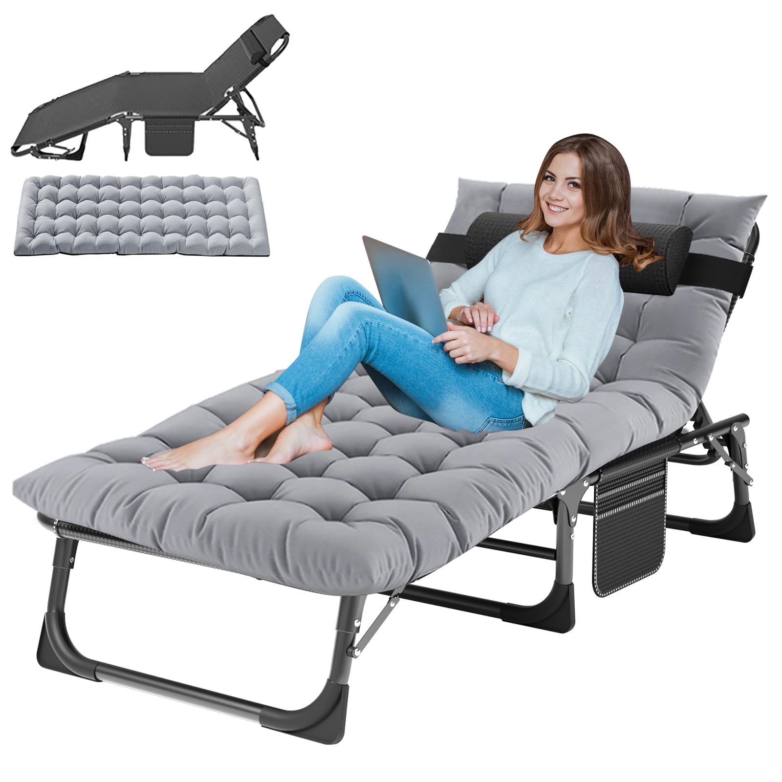 LILYPELLE Adjustable Folding Chaise Lounge Chair with Mattress - 5-Position Reclining Patio Chair for Sunbathing, Poolside, Beach & Outdoor Relaxation | Perfect for Backyard, Camping, Garden & Deck Use