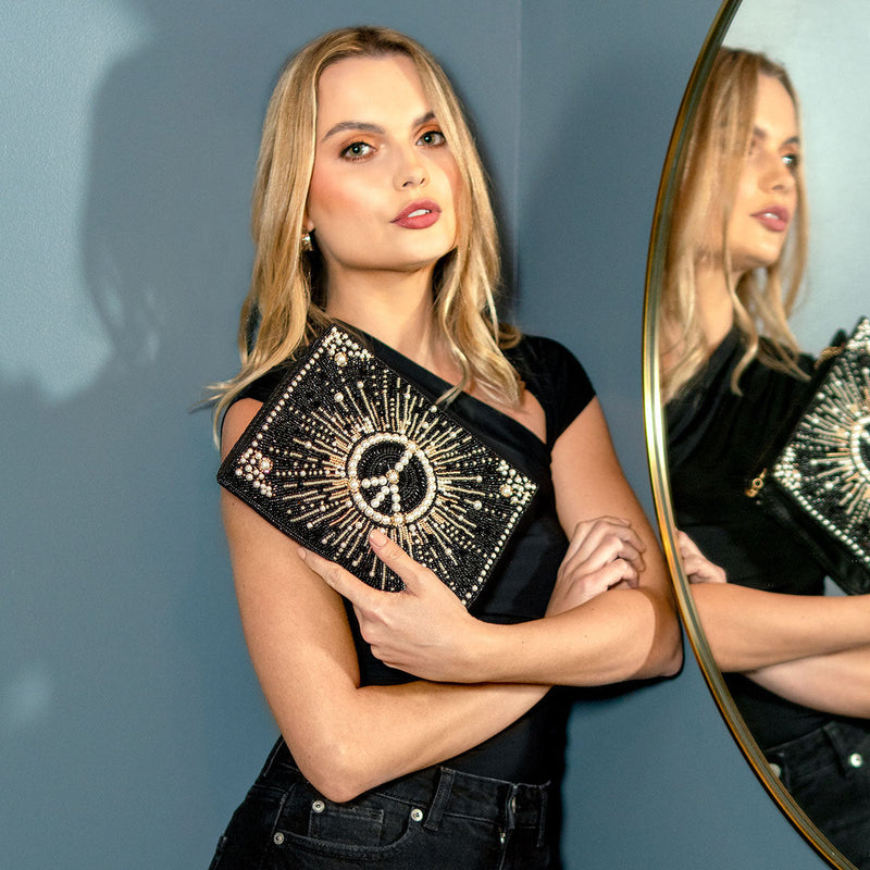 Stylish Beaded Handbag for Women - Elegant Boho Clutch Purse with Peace Sign Design | Perfect for Parties, Weddings & Evening Events