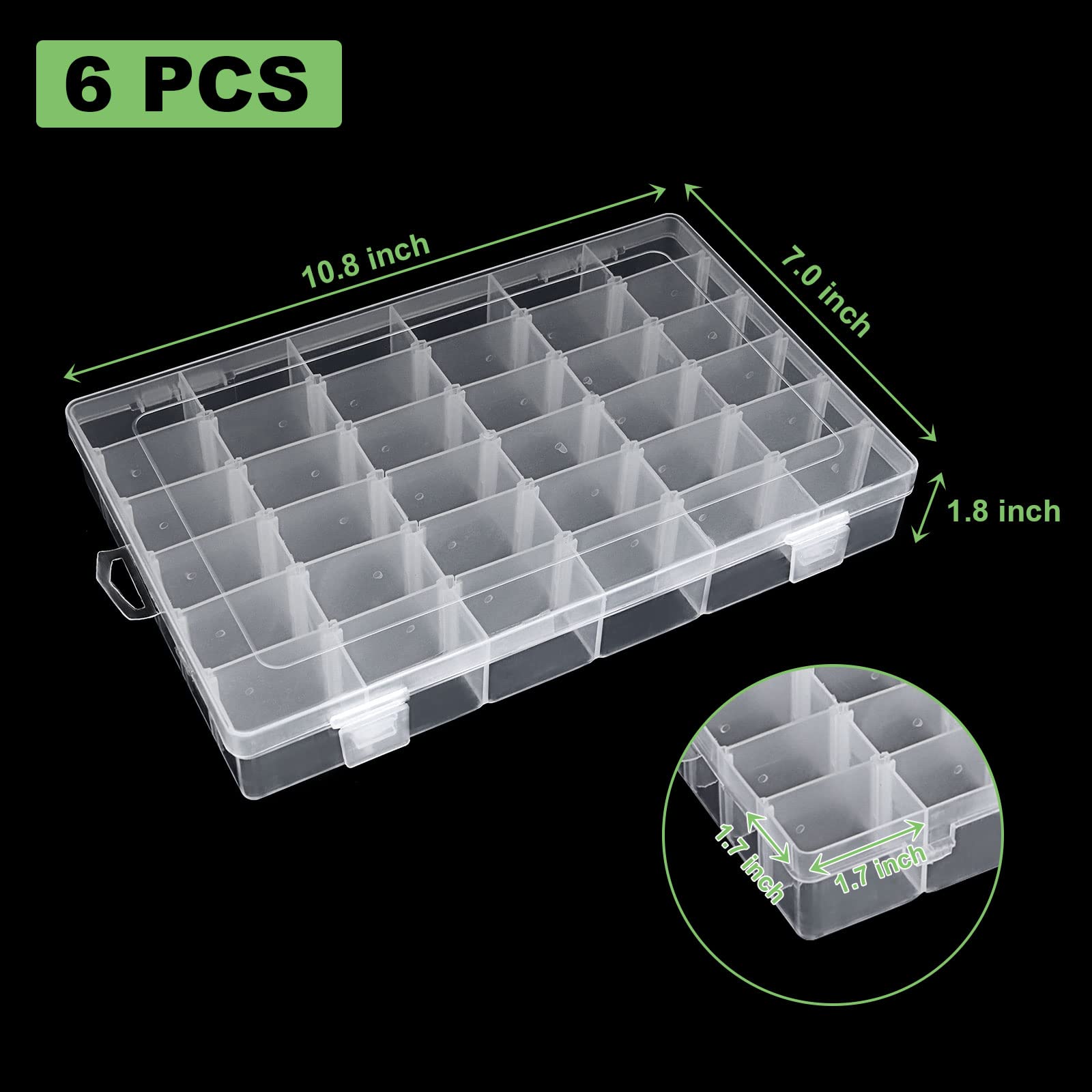 6 Pack 36 Grids Plastic Organizer Box with Removable Dividers - Clear Storage Container for Fishing Tackle, DIY Beads, Craft Supplies & Small Parts | Perfect for Art Projects, Jewelry Making & Home Organization