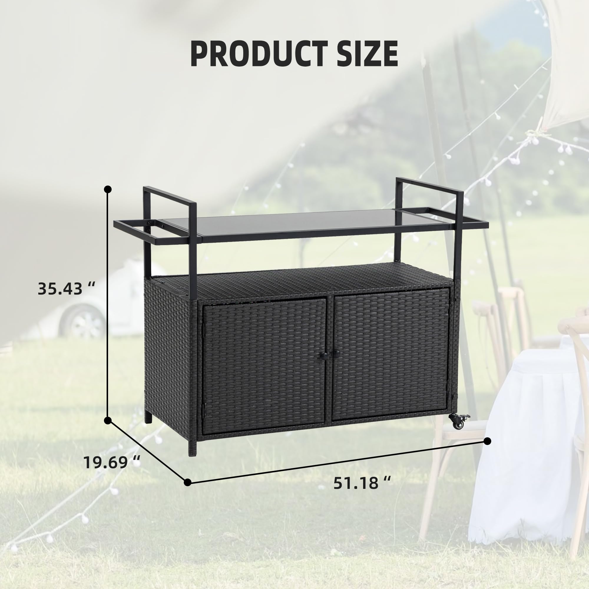 Outdoor Wicker Bar Cart with Glass Top - Rolling Portable Serving Table & Storage Cabinet for Wine, Patio, Porch, Backyard - Perfect for Poolside Parties & Outdoor Entertaining (Black)