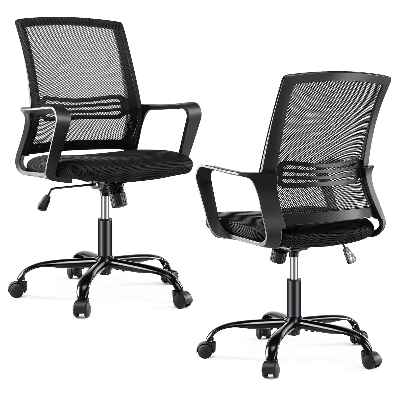 Ergonomic Office Chair with Wheels & Lumbar Support - Adjustable Mid Back Computer Desk Chair with Armrests for Home & Work - Comfortable Task Chair for Long Hours Sitting (Black) - Perfect for Home Office, Gaming & Workspaces