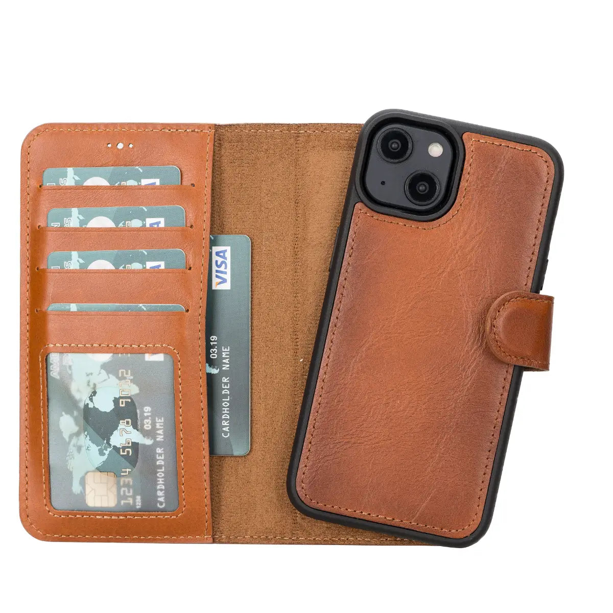 Premium Burnished Tan Leather Wallet Case for iPhone 14 - Slim Protective Cover with Card Slots | Perfect for Everyday Use, Travel & Business (iPhone 14 Case)