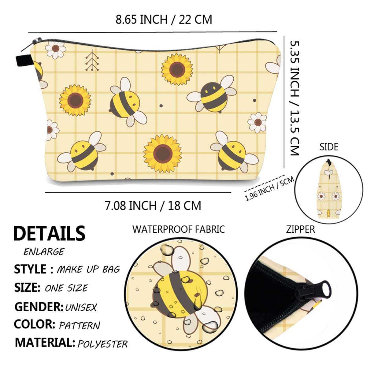 FAVORTALK Small Waterproof Makeup Bag with Zipper - Cute Bee Design Cosmetic Pouch for Women & Girls, Portable Travel Toiletry Organizer for Makeup Brushes, Lipsticks, Skincare Essentials | Perfect for Travel, Gym, Daily Use B1132