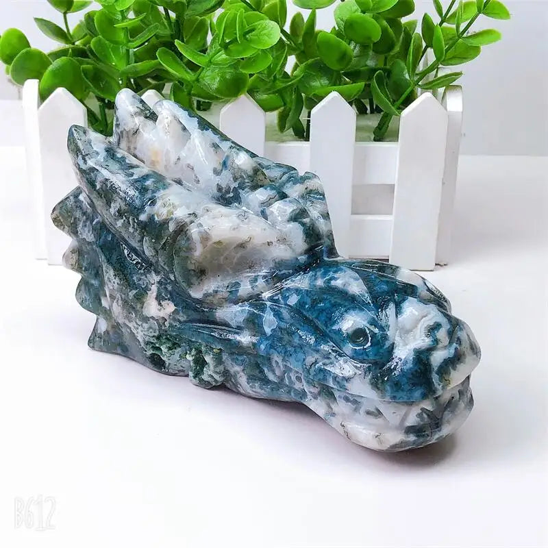 14CM Natural Moss Agate Dragon Skull Crystal Carving - Healing Stone, Fashion Jewelry & Home Decor - Unique Birthday & Holiday Gift (1pc) - Perfect for Meditation, Energy Healing & Gothic Home Decor