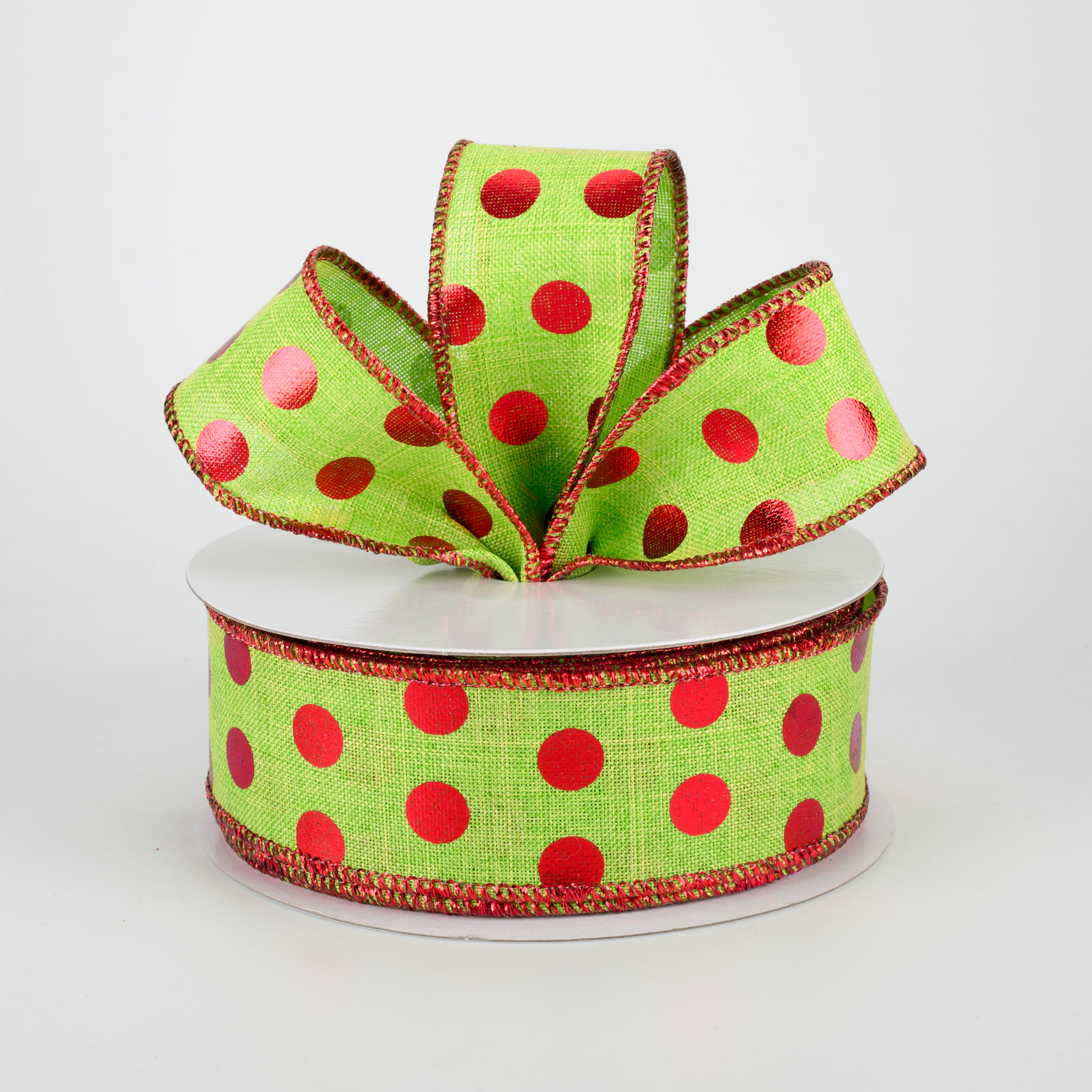 1.5 Inch Metallic Dots Ribbon - Lime Green & Red Decorative Ribbon (10 Yards) for Gift Wrapping, DIY Crafts, Party Decorations and Scrapbooking