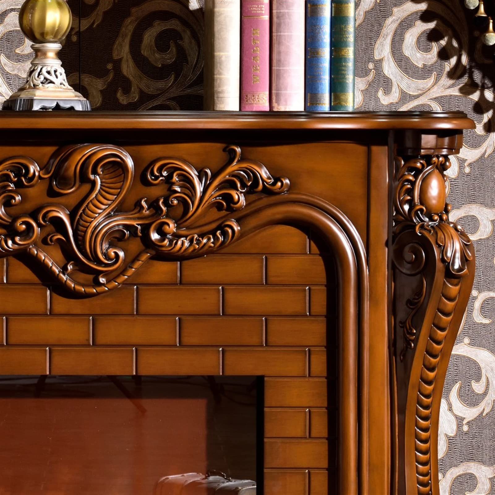 Electric Fireplace Insert with LED Flame Effect - Brown Wooden Mantel Frame, No Heater - Perfect for Living Room, Bedroom & Office Decoration